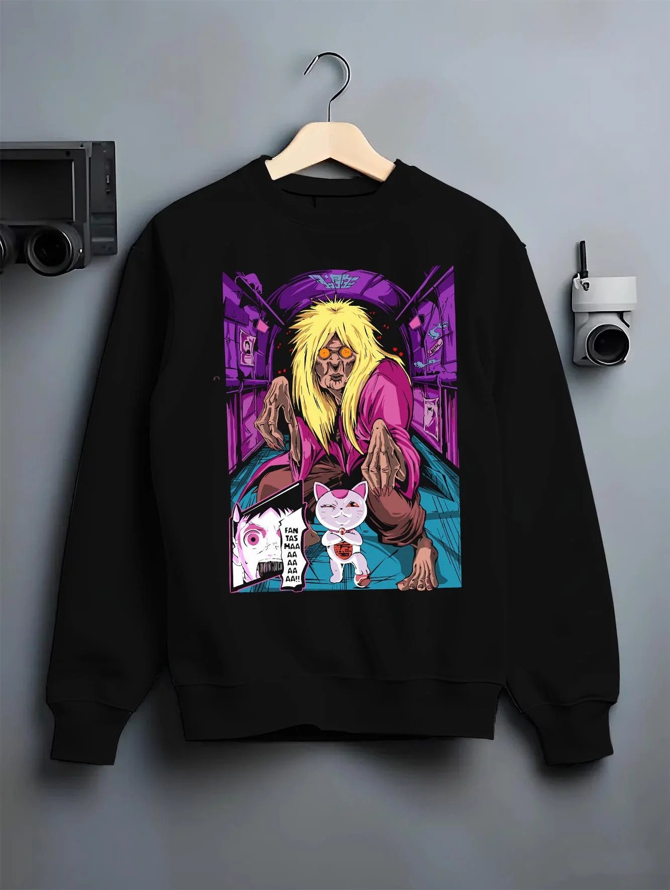 Black crewneck sweatshirt on hanger with Turbo Granny Hoodie Dandadan Cursed Spirit Anime graphic premium wear.