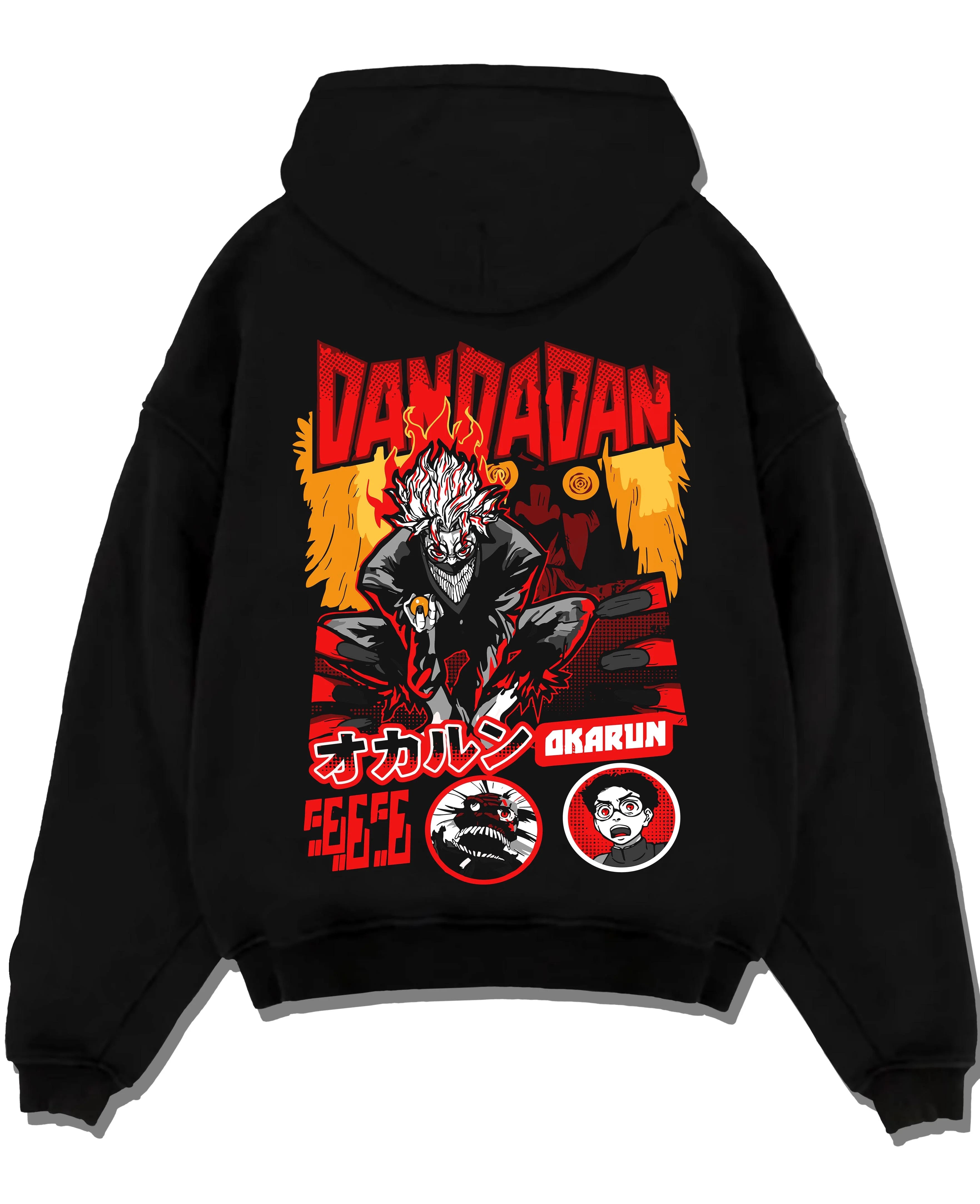 Black pullover hoodie laid flat with Okarun Hoodie Dandadan Possessed Spirit Alien Fight graphic premium wear.