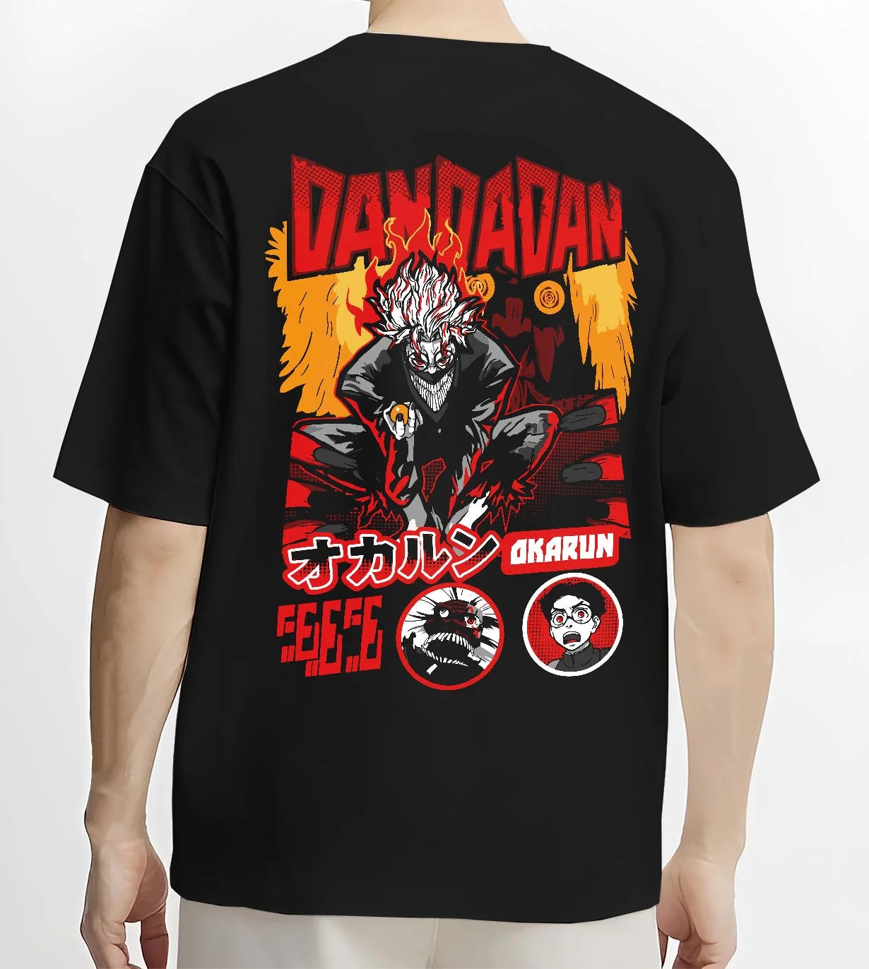 Black T-shirt worn by male model, back view with Okarun Hoodie Dandadan Possessed Spirit Alien Fight graphic Okarun anime design.