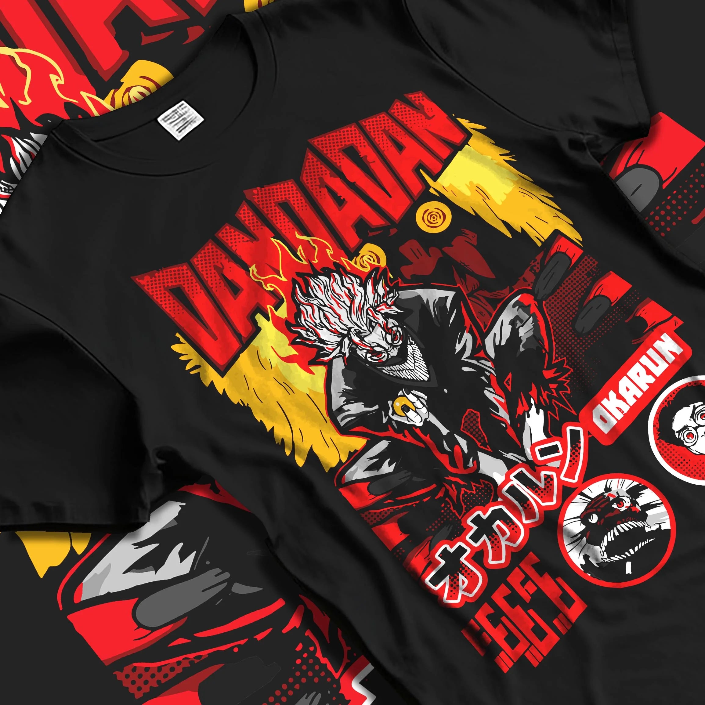 Black T-shirt laid flat with natural folds with Okarun Hoodie Dandadan Possessed Spirit Alien Fight graphic streetwear graphic.
