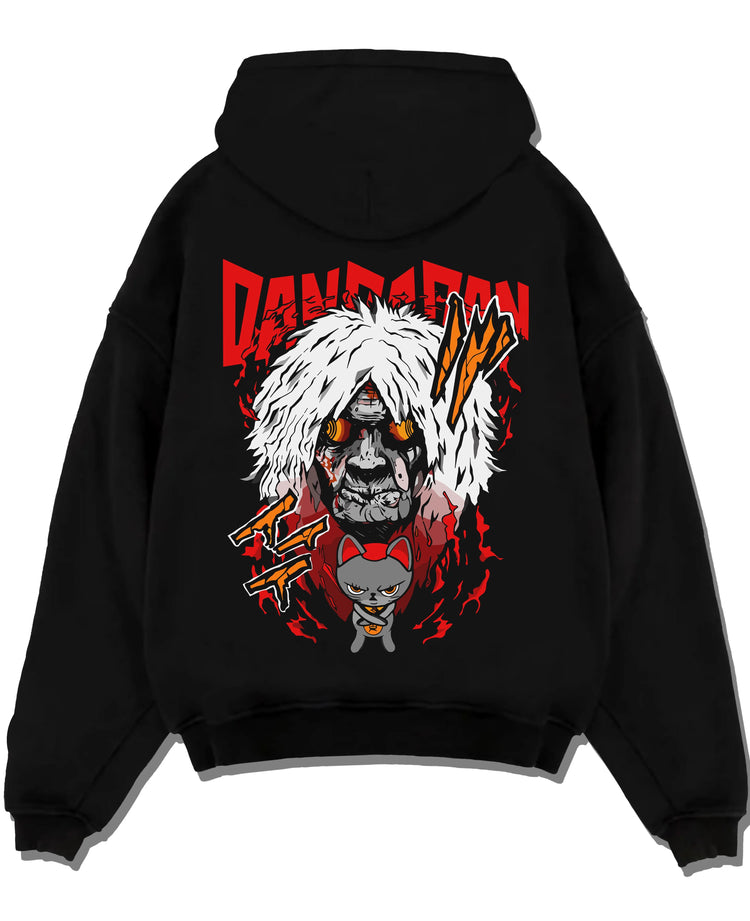 Black pullover hoodie laid flat with Reiko Hoodie Dandadan Spirit Medium Anime Battle graphic bold anime graphic.