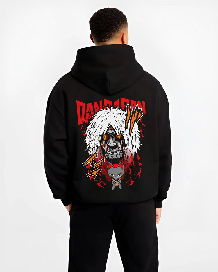 Black hoodie worn by male model, back view with Reiko Hoodie Dandadan Spirit Medium Anime Battle graphic Reiko anime design.