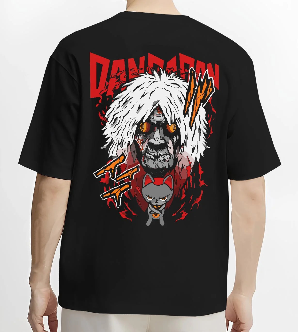 Black T-shirt worn by male model, back view with Reiko Hoodie Dandadan Spirit Medium Anime Battle graphic bold anime graphic.