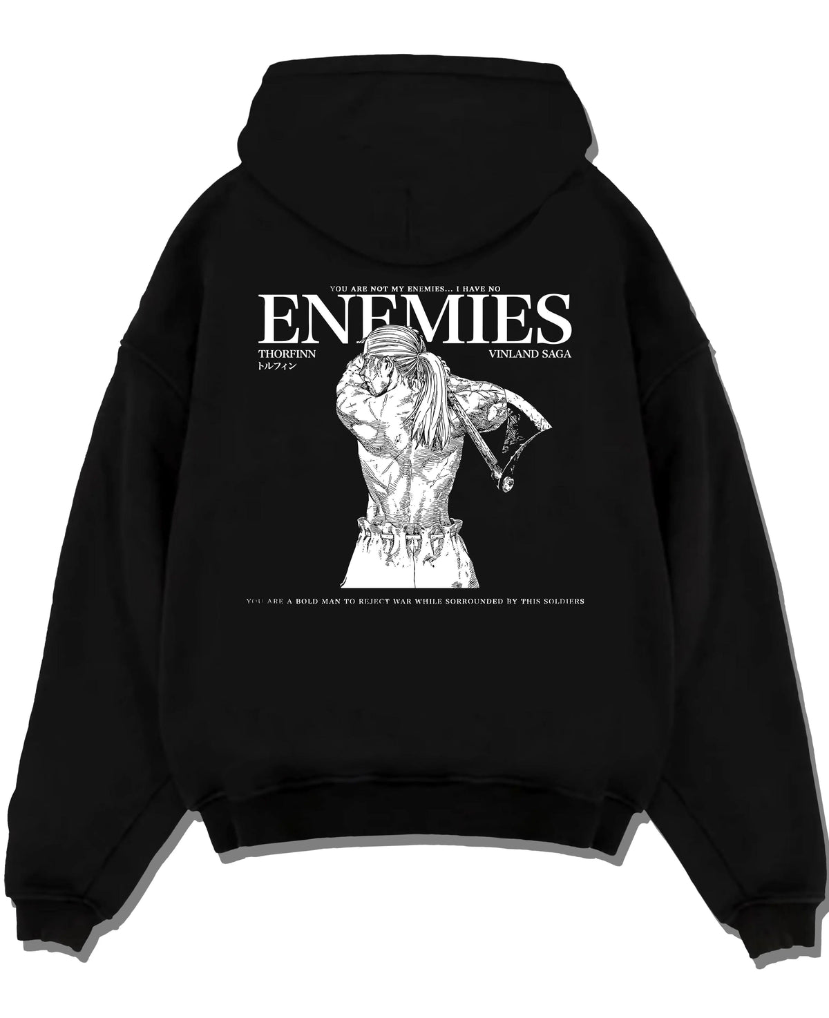 Black hoodie laid flat featuring Thorfinn enemies Viking revenge Vinland Saga artwork.