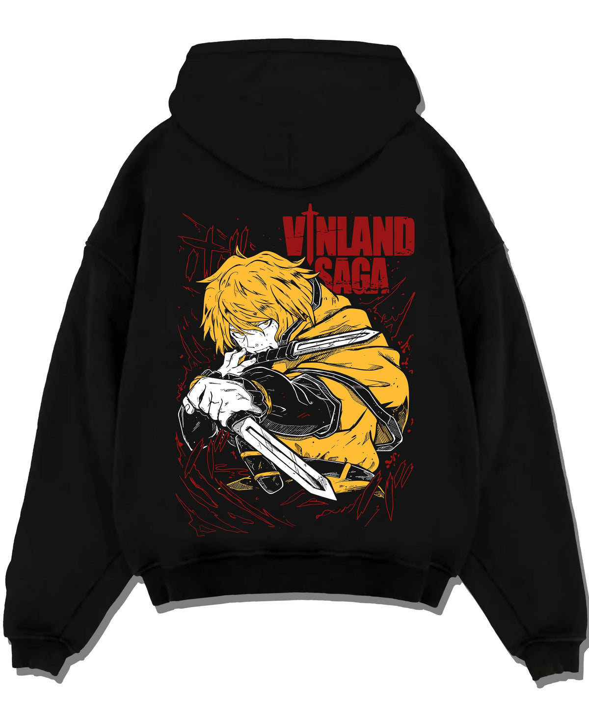 Black hoodie laid flat featuring Thorfinn Viking warrior dual blades Vinland Saga artwork.