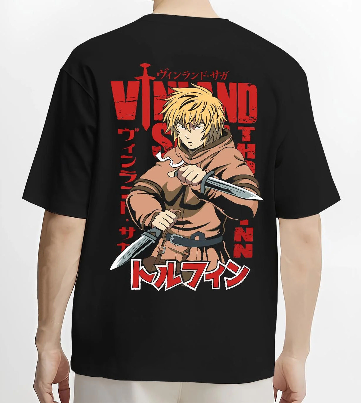 Black T-shirt worn by male model from the back featuring Thorfinn dual daggers Viking warrior Vinland Saga artwork.