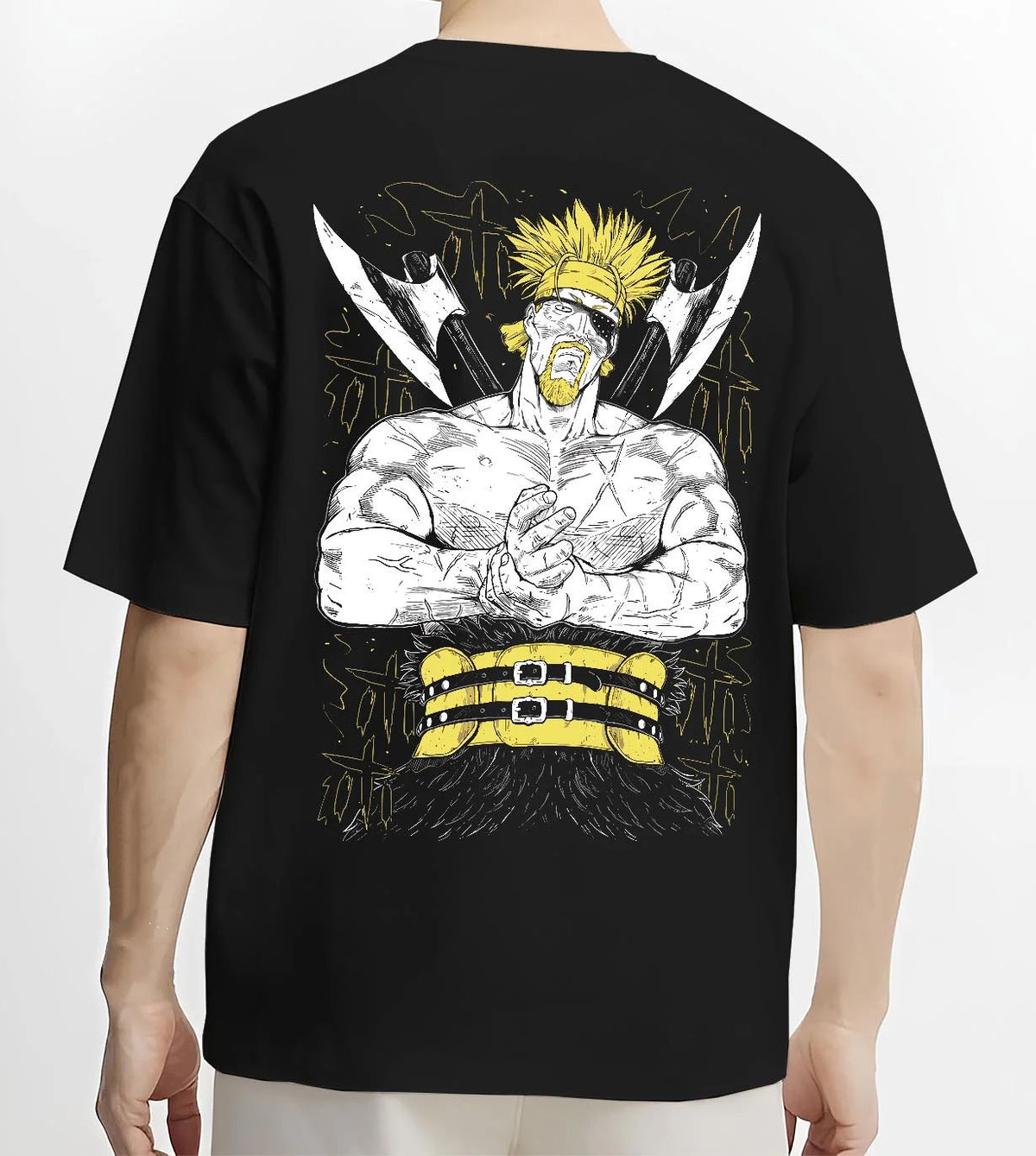 Black T-shirt worn by male model from the back featuring Thorkell the Tall Viking warrior Vinland Saga artwork.