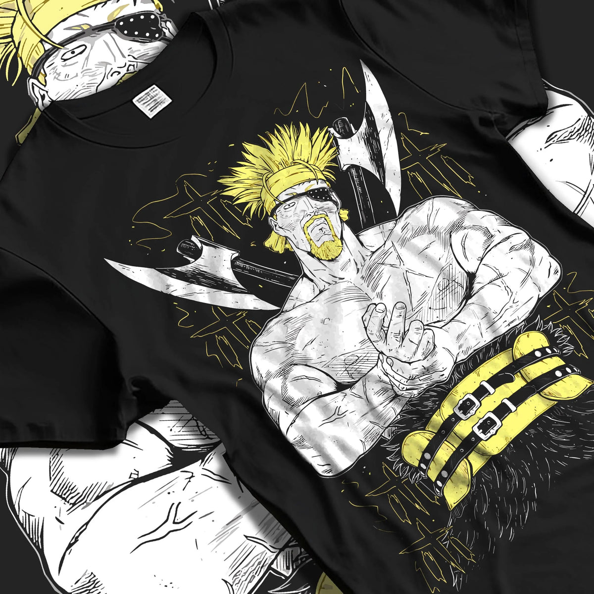Black T-shirt laid flat with natural folds featuring Thorkell the Tall Viking warrior Vinland Saga artwork.
