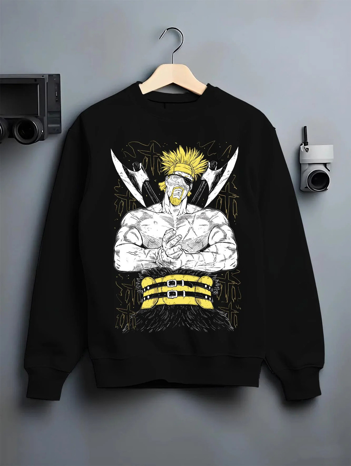 Black crewneck sweatshirt on hanger featuring Thorkell the Tall Viking warrior Vinland Saga artwork.