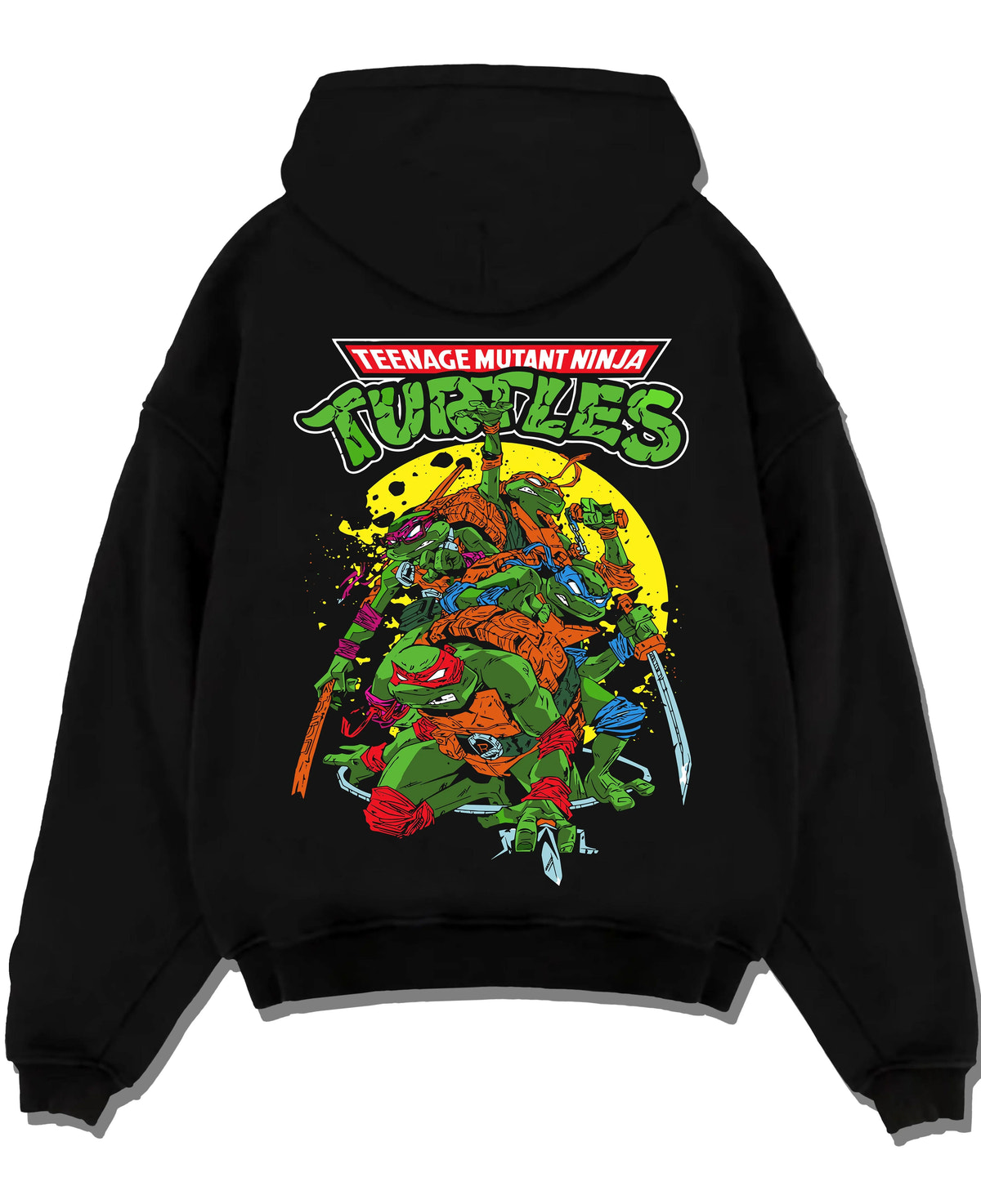 Black hoodie laid flat featuring Teenage Mutant Ninja Turtles heroes TMNT artwork.