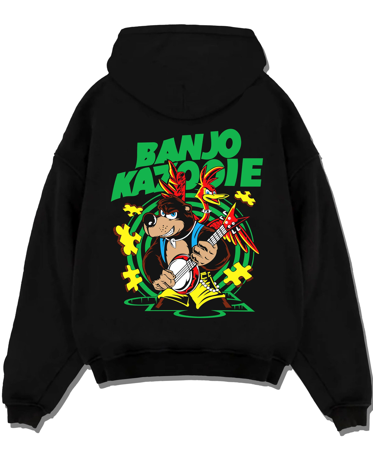 Black hoodie laid flat featuring Banjo and Kazooie bear bird adventure Banjo-Kazooie artwork.