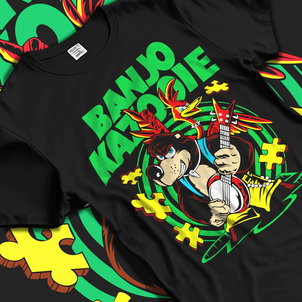 Black T-shirt laid flat with natural folds featuring Banjo and Kazooie bear bird adventure Banjo-Kazooie artwork.