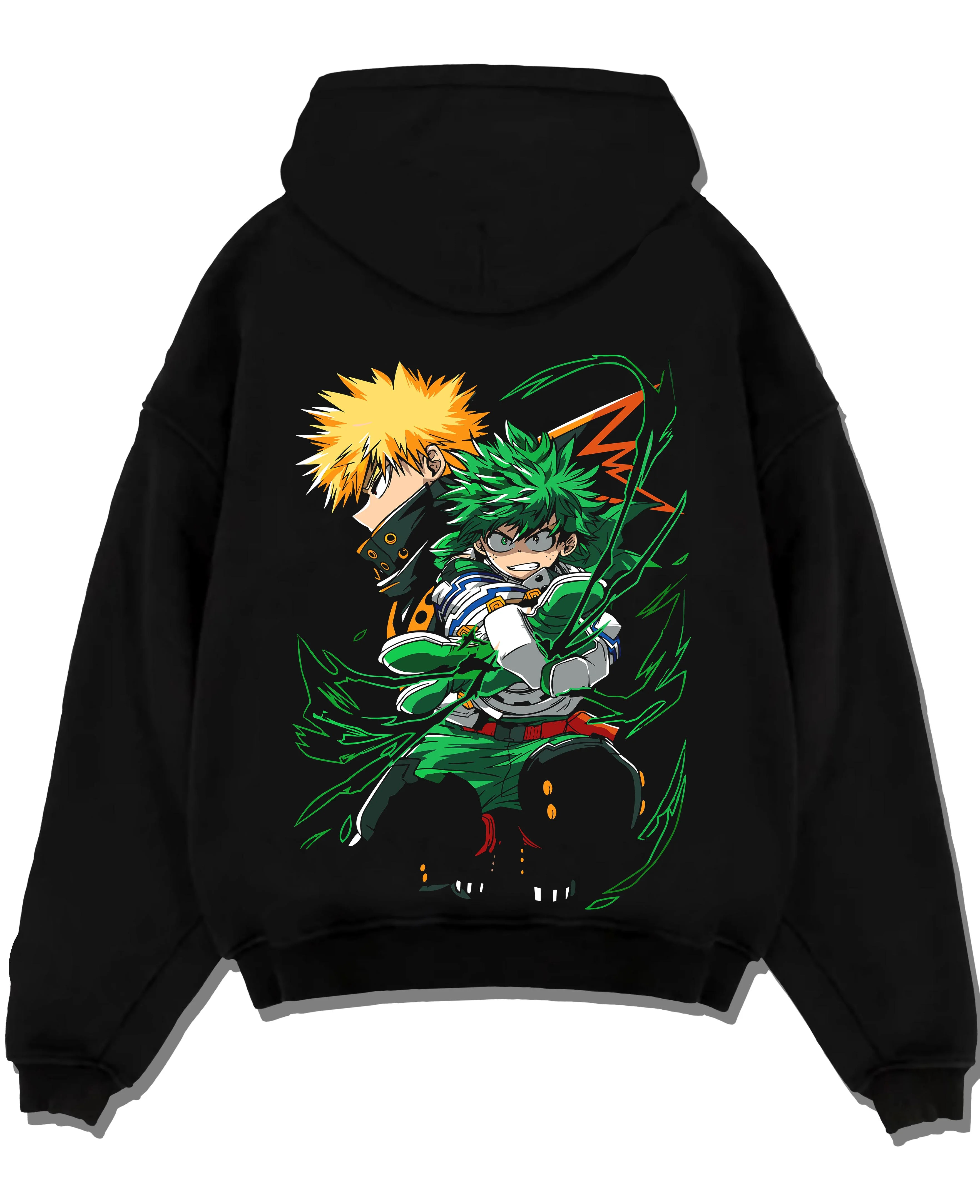 Black pullover hoodie laid flat with Izuku Midoriya Hoodie My Hero Academia Fighting Pose graphic streetwear graphic.