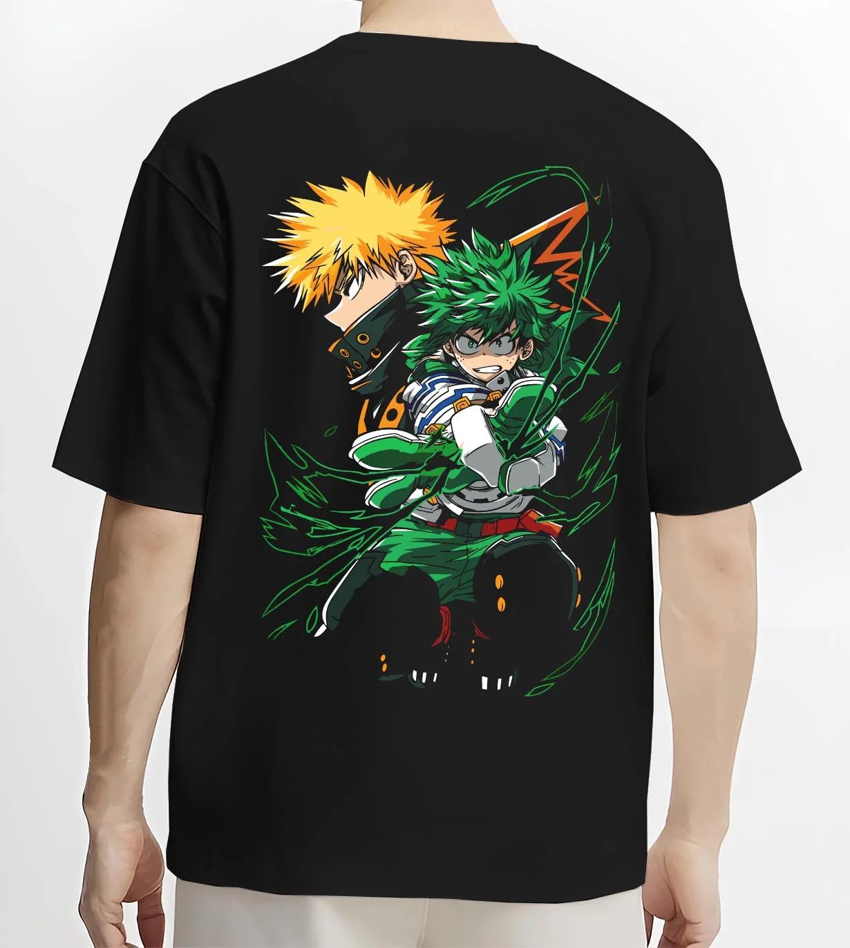 Black T-shirt worn by male model, back view with Izuku Midoriya Hoodie My Hero Academia Fighting Pose graphic streetwear graphic.