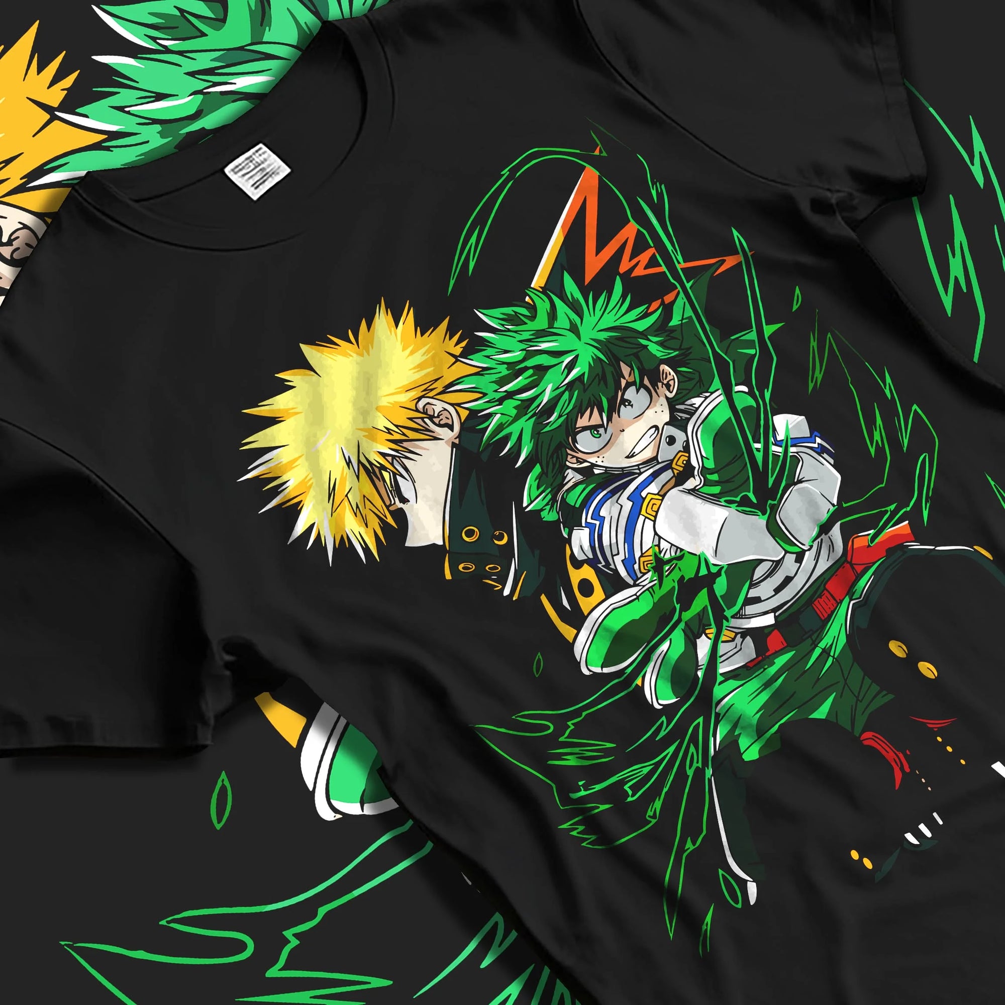 Black T-shirt laid flat with natural folds with Izuku Midoriya Hoodie My Hero Academia Fighting Pose graphic bold anime graphic.