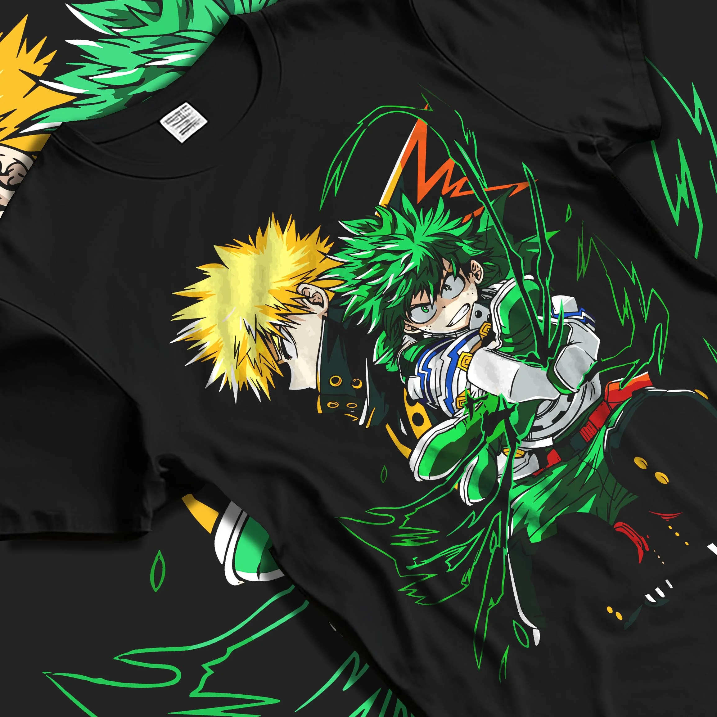 Black T-shirt laid flat with natural folds with Izuku Midoriya Hoodie My Hero Academia Fighting Pose graphic bold anime graphic.