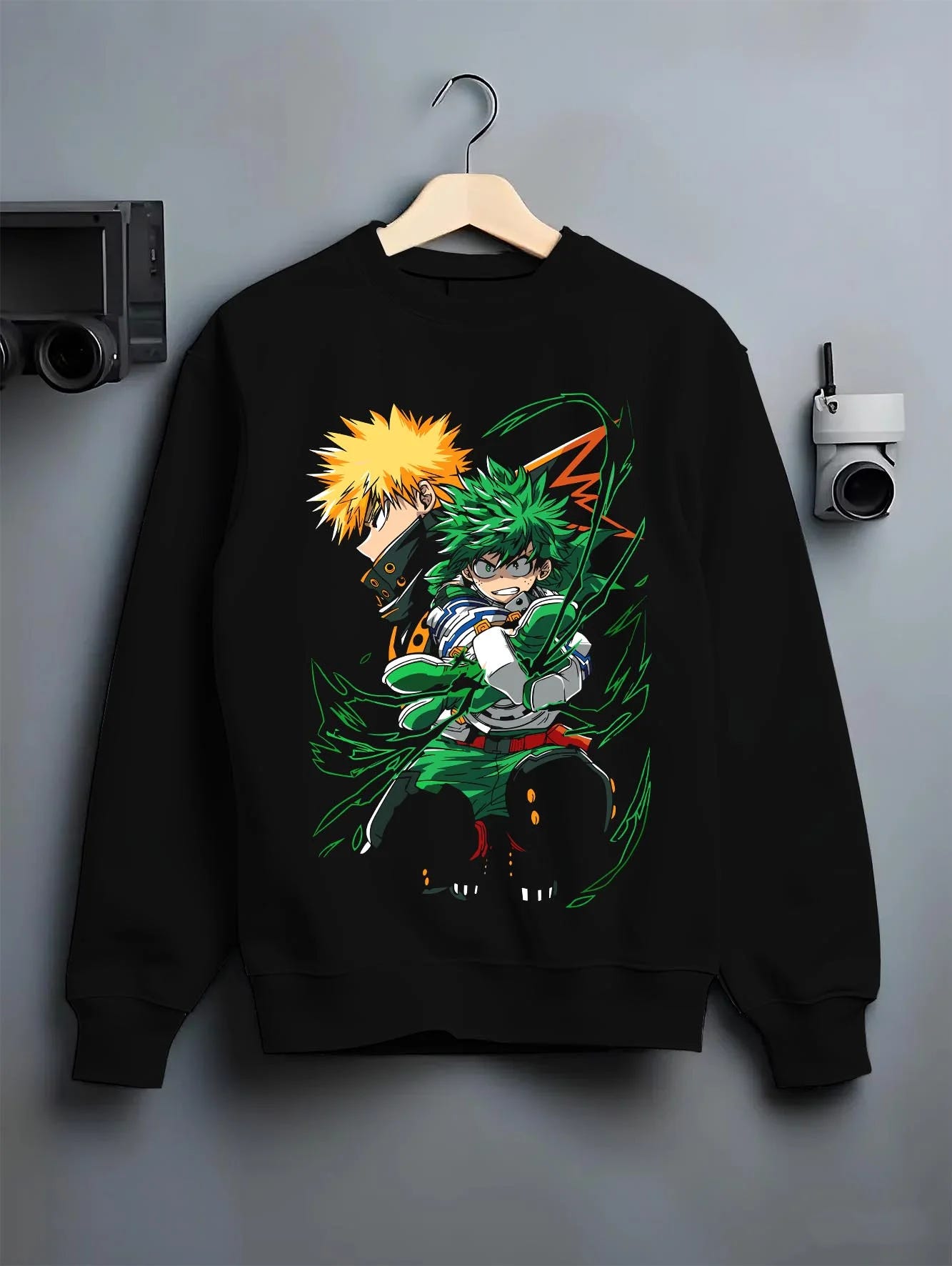 Black crewneck sweatshirt on hanger with Izuku Midoriya Hoodie My Hero Academia Fighting Pose graphic premium wear.