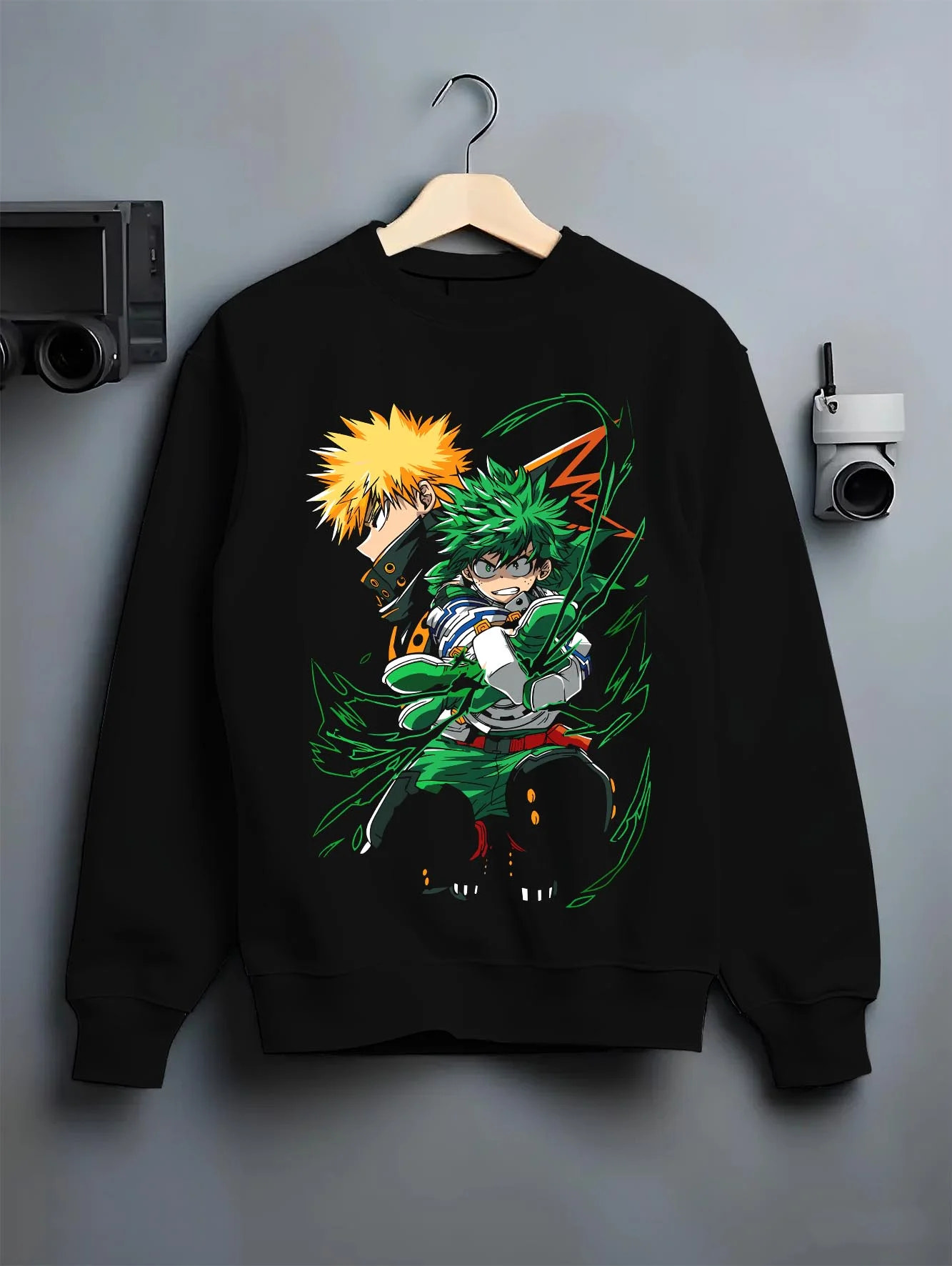 Black crewneck sweatshirt on hanger with Izuku Midoriya Hoodie My Hero Academia Fighting Pose graphic premium wear.