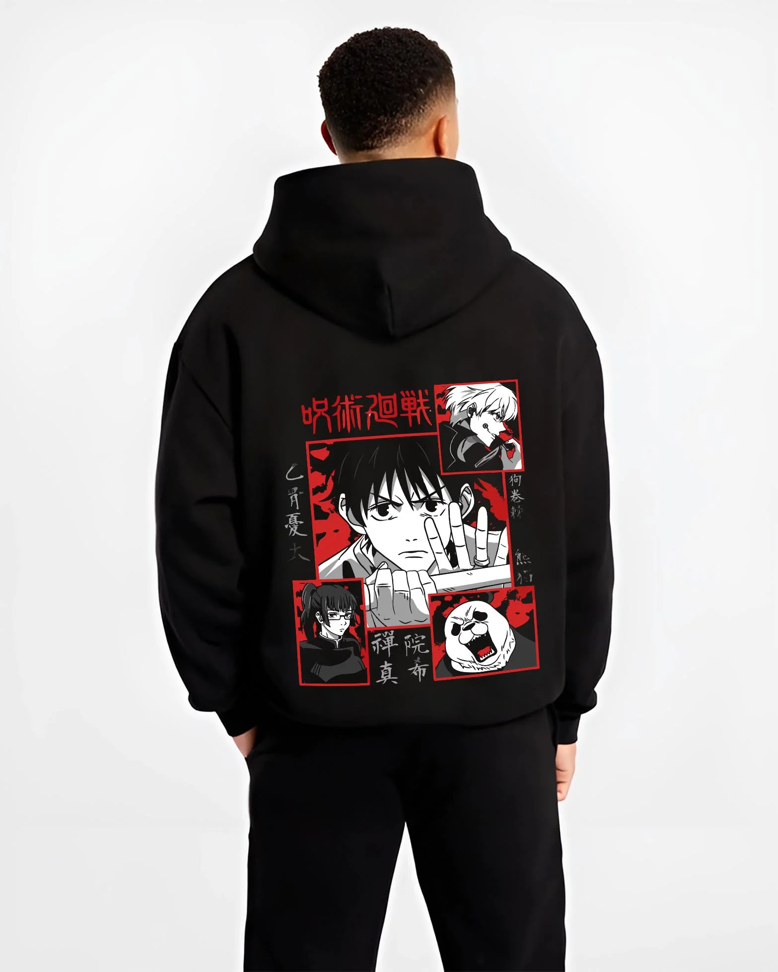 Black hoodie worn by male model, back view with Yuta Okkotsu Hoodie Jujutsu Kaisen Cursed Sword graphic bold anime graphic.