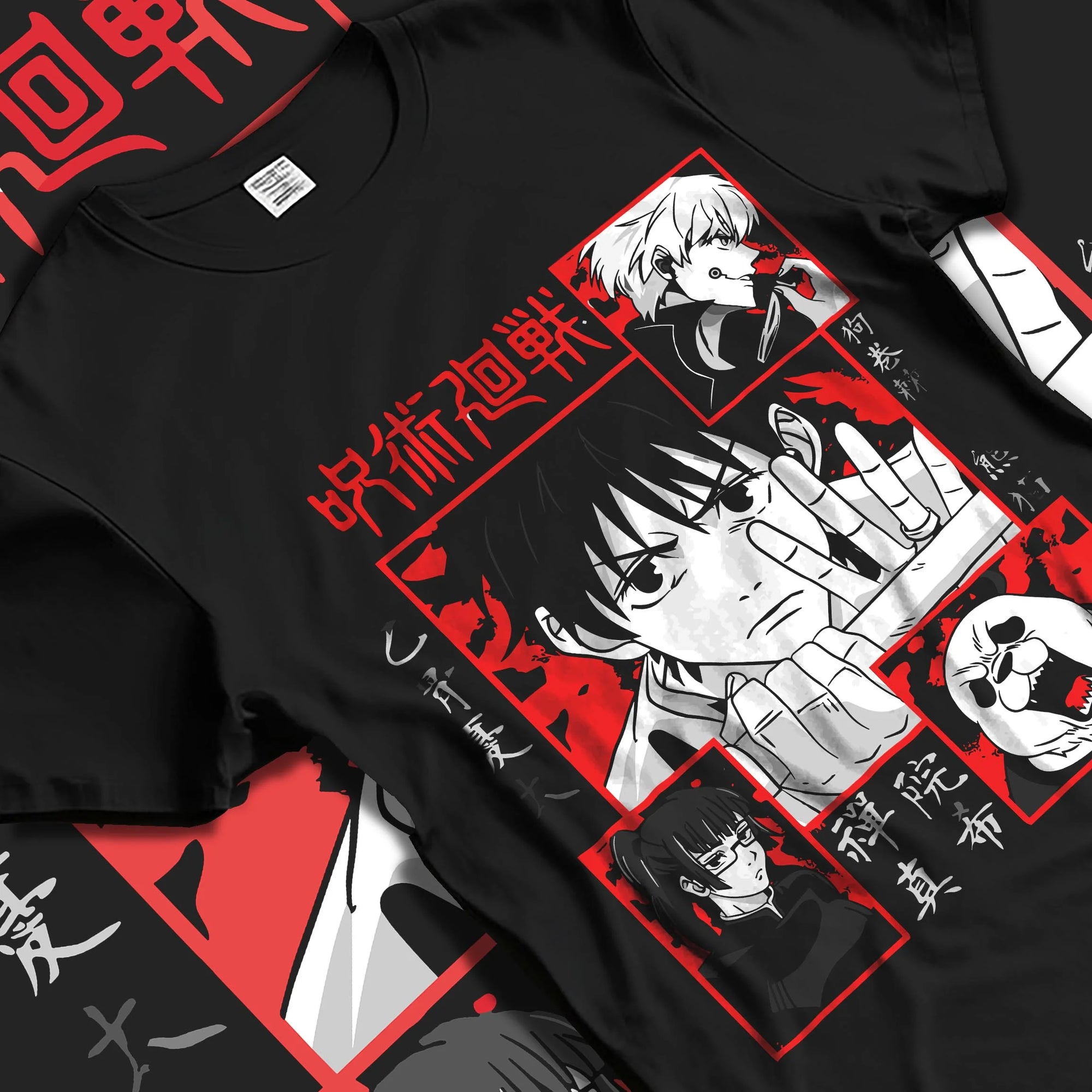 Black T-shirt laid flat with natural folds with Yuta Okkotsu Hoodie Jujutsu Kaisen Cursed Sword graphic premium wear.