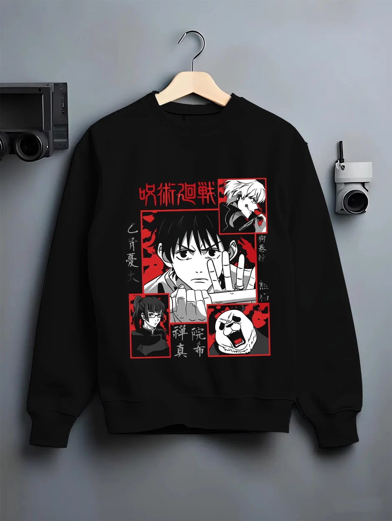 Black crewneck sweatshirt on hanger with Yuta Okkotsu Hoodie Jujutsu Kaisen Cursed Sword graphic streetwear graphic.