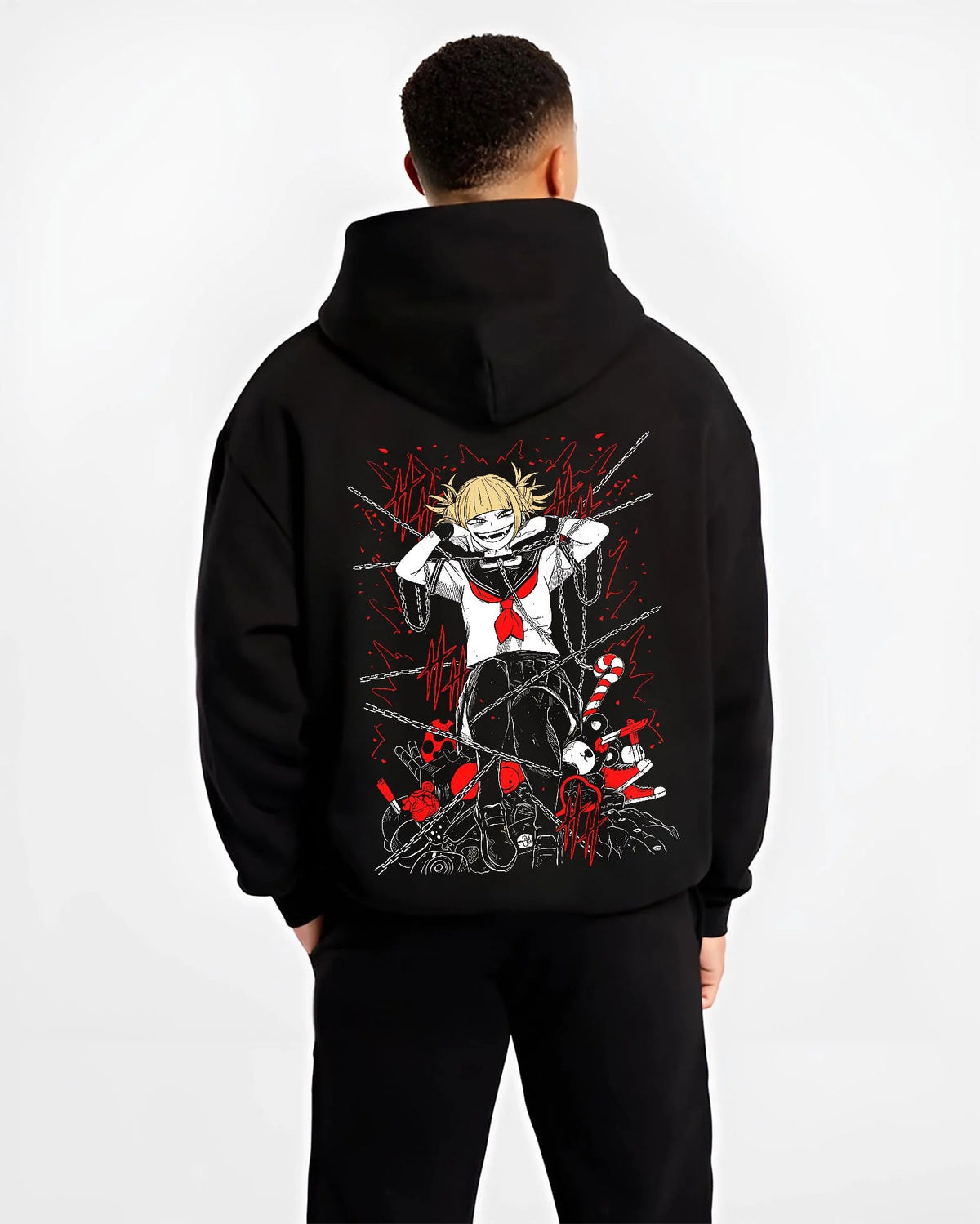 Black hoodie worn by male model from the back featuring Himiko Toga blood villain My Hero Academia artwork.