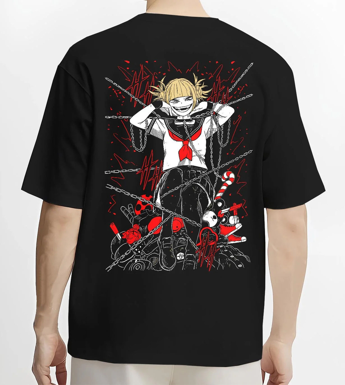 Black T-shirt worn by male model from the back featuring Himiko Toga blood villain My Hero Academia artwork.