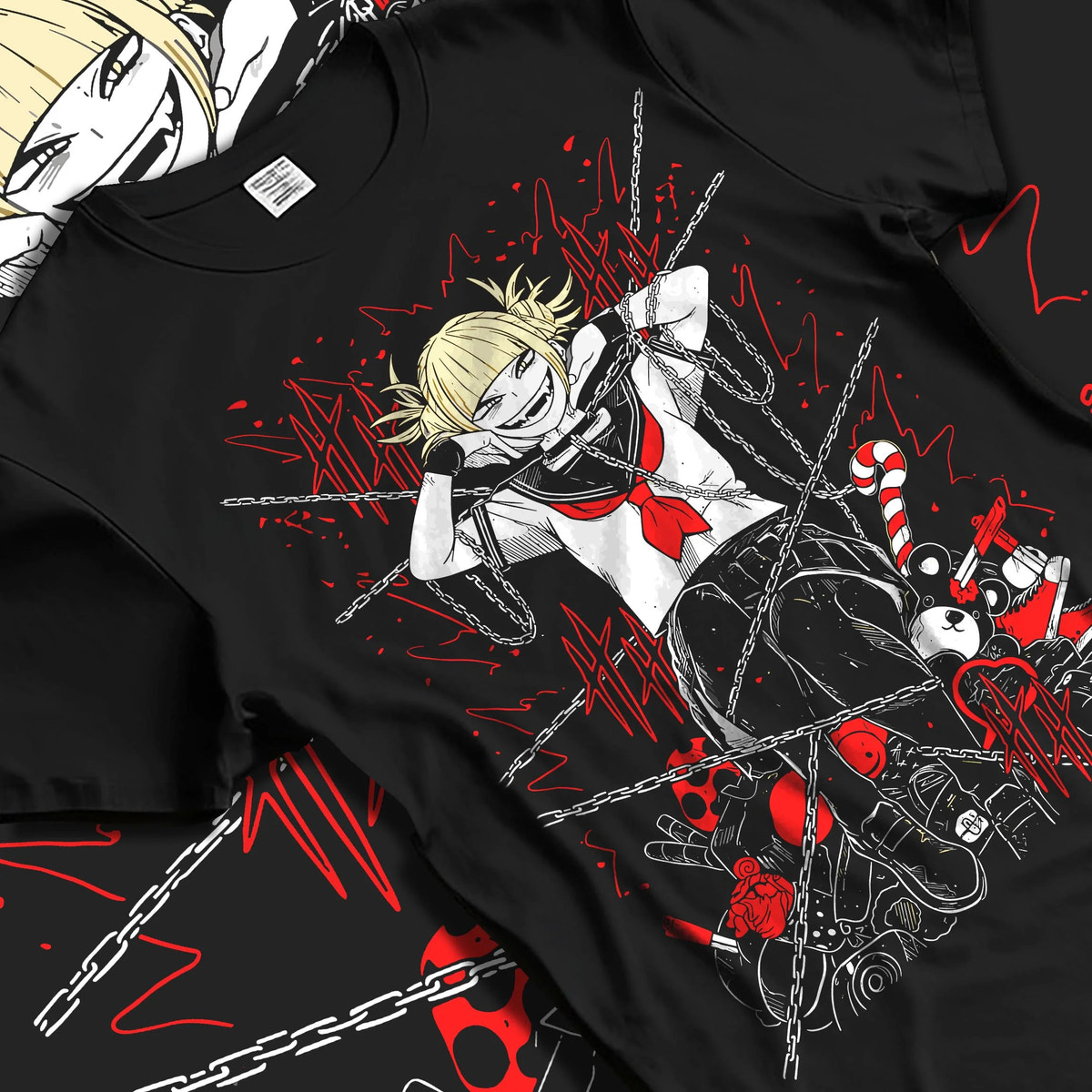 Black T-shirt laid flat with natural folds featuring Himiko Toga blood villain My Hero Academia artwork.