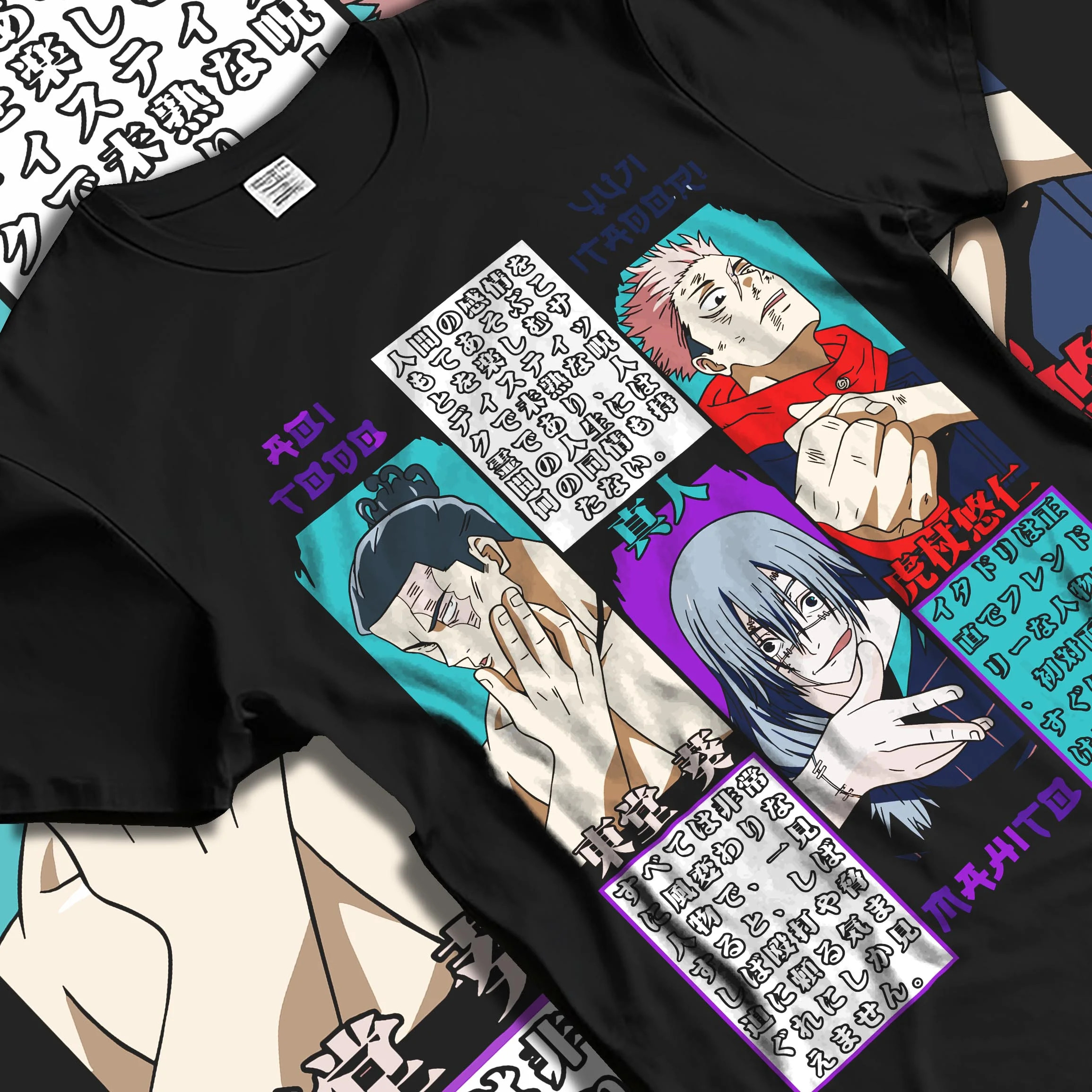 Black T-shirt laid flat with natural folds with Kinji Hakari Hoodie Jujutsu Kaisen Pachinko Domain graphic bold anime graphic.