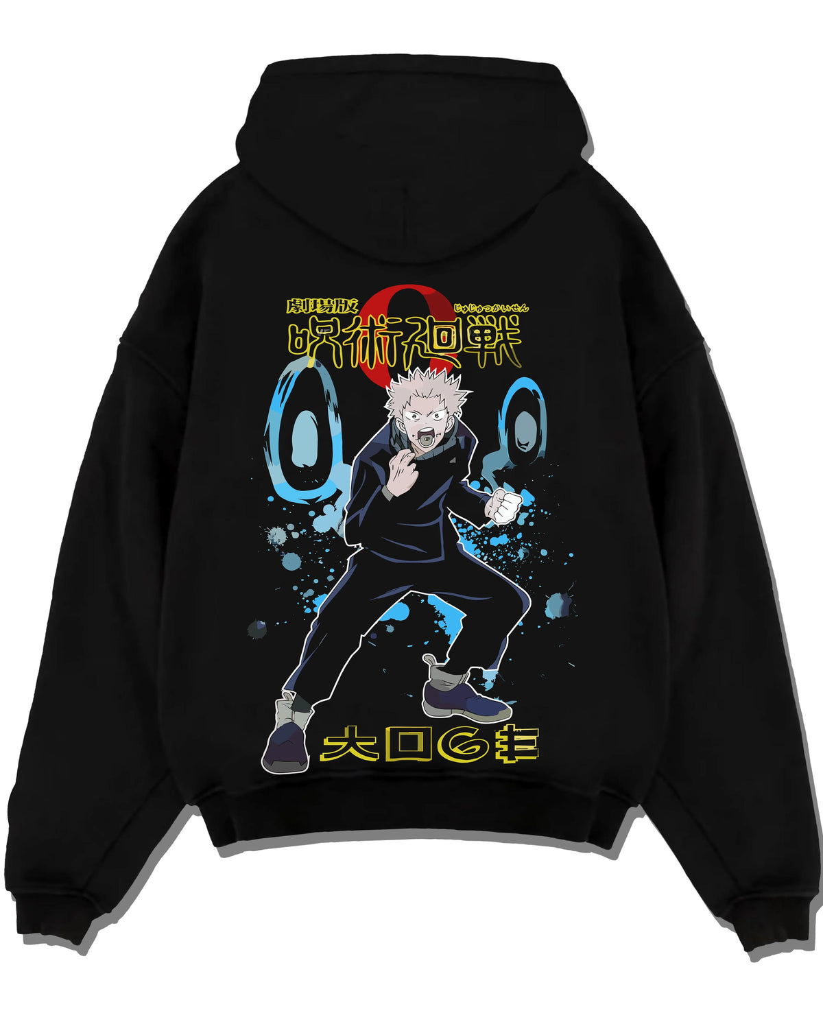 Black hoodie laid flat featuring Yuji Itadori Divergent Fist Jujutsu Kaisen artwork.
