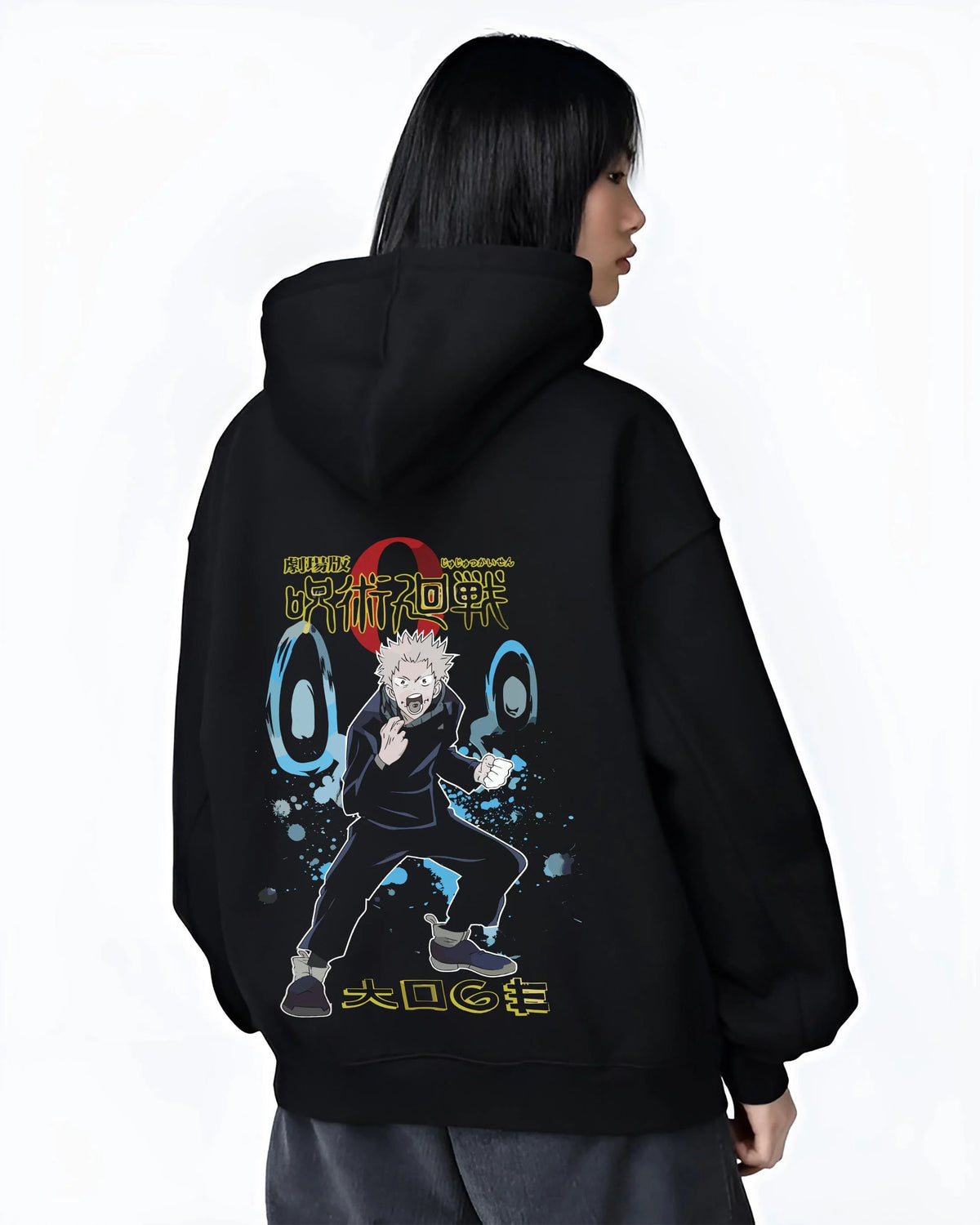 Black hoodie worn by female model from the back featuring Yuji Itadori Divergent Fist Jujutsu Kaisen artwork.