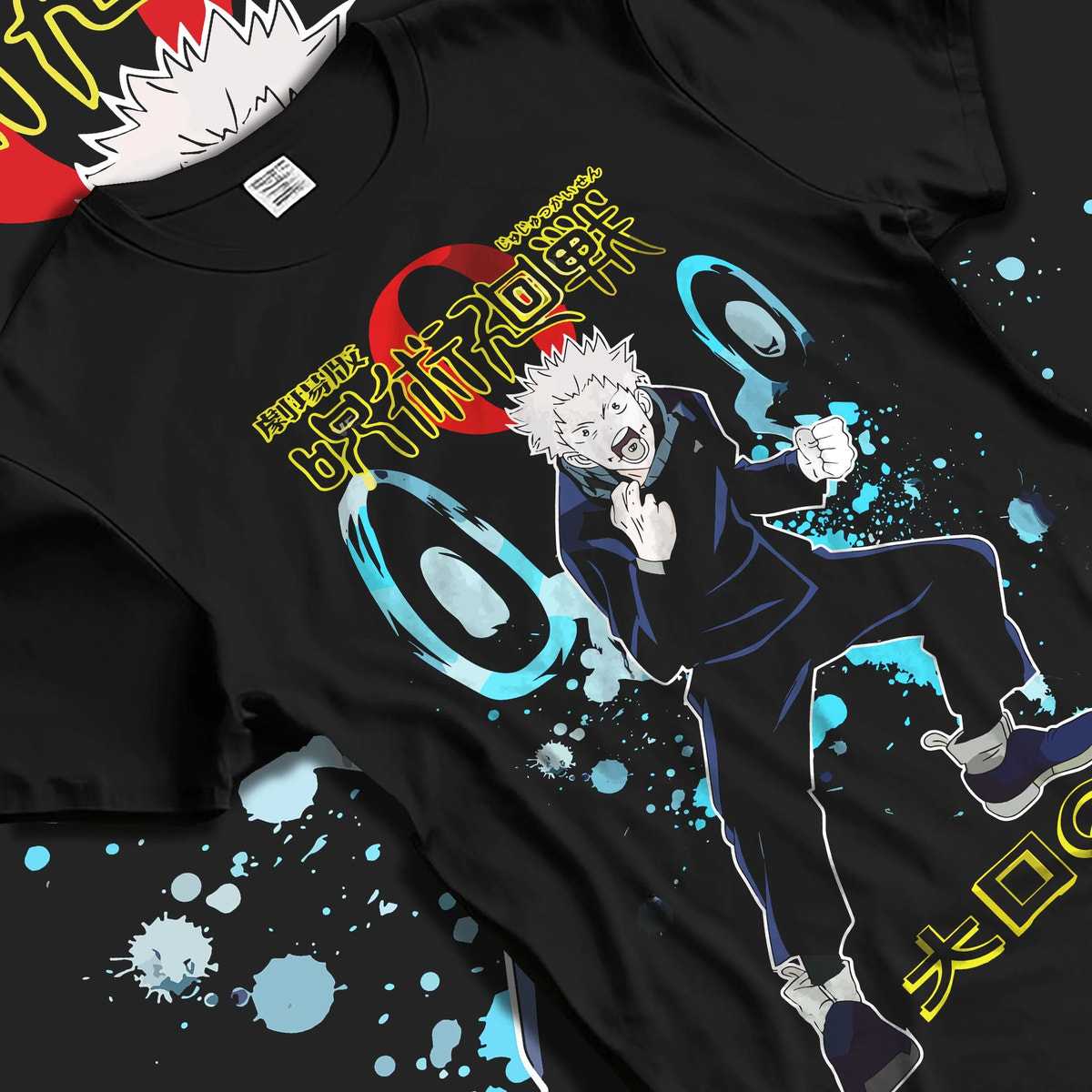 Black T-shirt laid flat with natural folds featuring Yuji Itadori Divergent Fist Jujutsu Kaisen artwork.