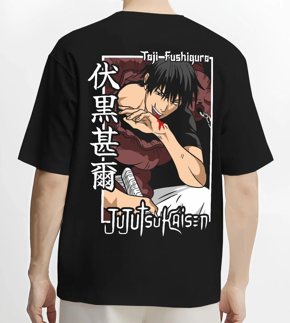 Black T-shirt worn by male model from the back featuring Toji Fushiguro Heavenly Restriction Jujutsu Kaisen artwork.