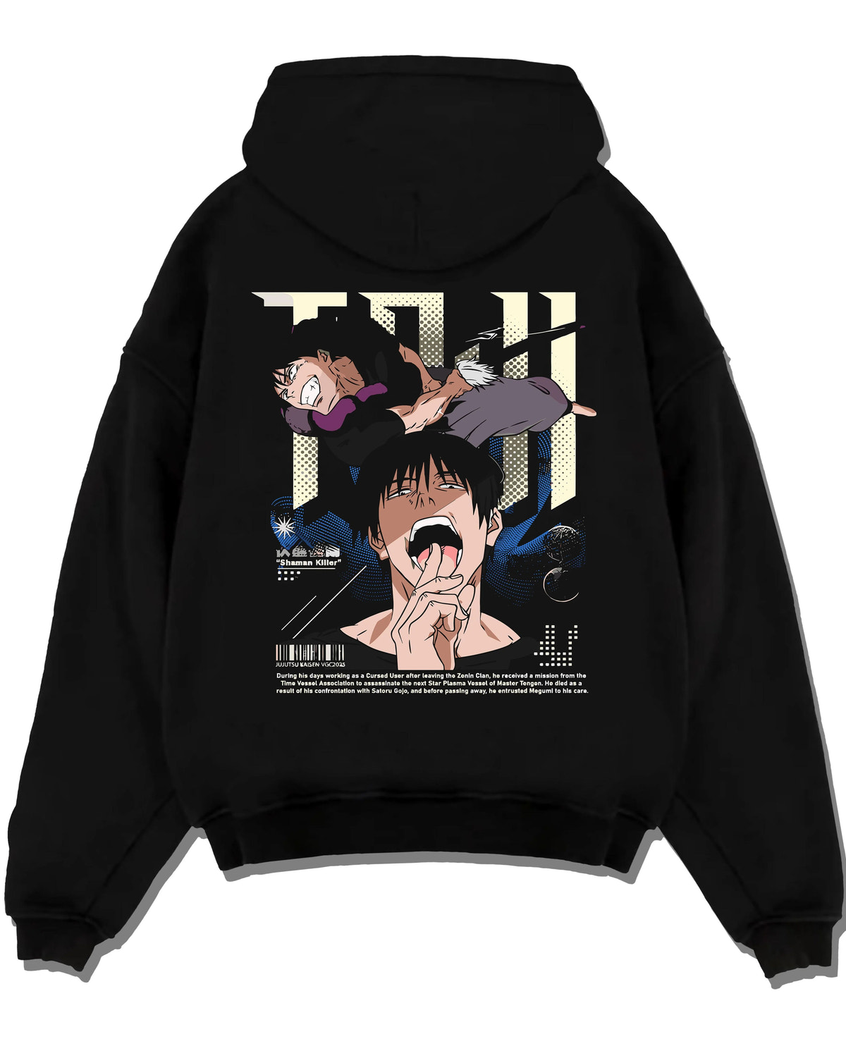 Black hoodie laid flat featuring Toji Fushiguro black outfit battle Jujutsu Kaisen artwork.