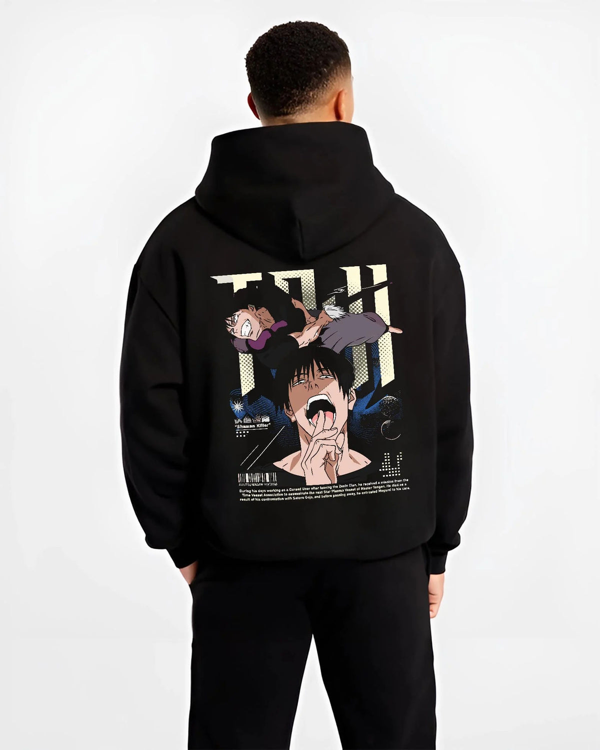 Black hoodie worn by male model from the back featuring Toji Fushiguro black outfit battle Jujutsu Kaisen artwork.