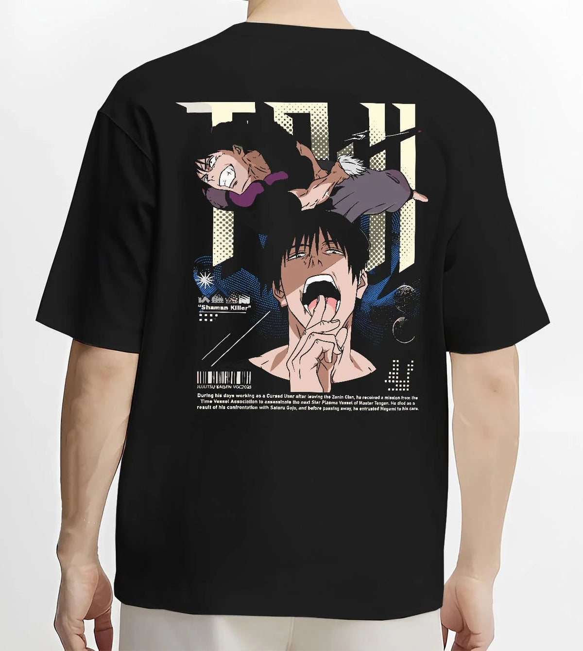 Black T-shirt worn by male model from the back featuring Toji Fushiguro black outfit battle Jujutsu Kaisen artwork.