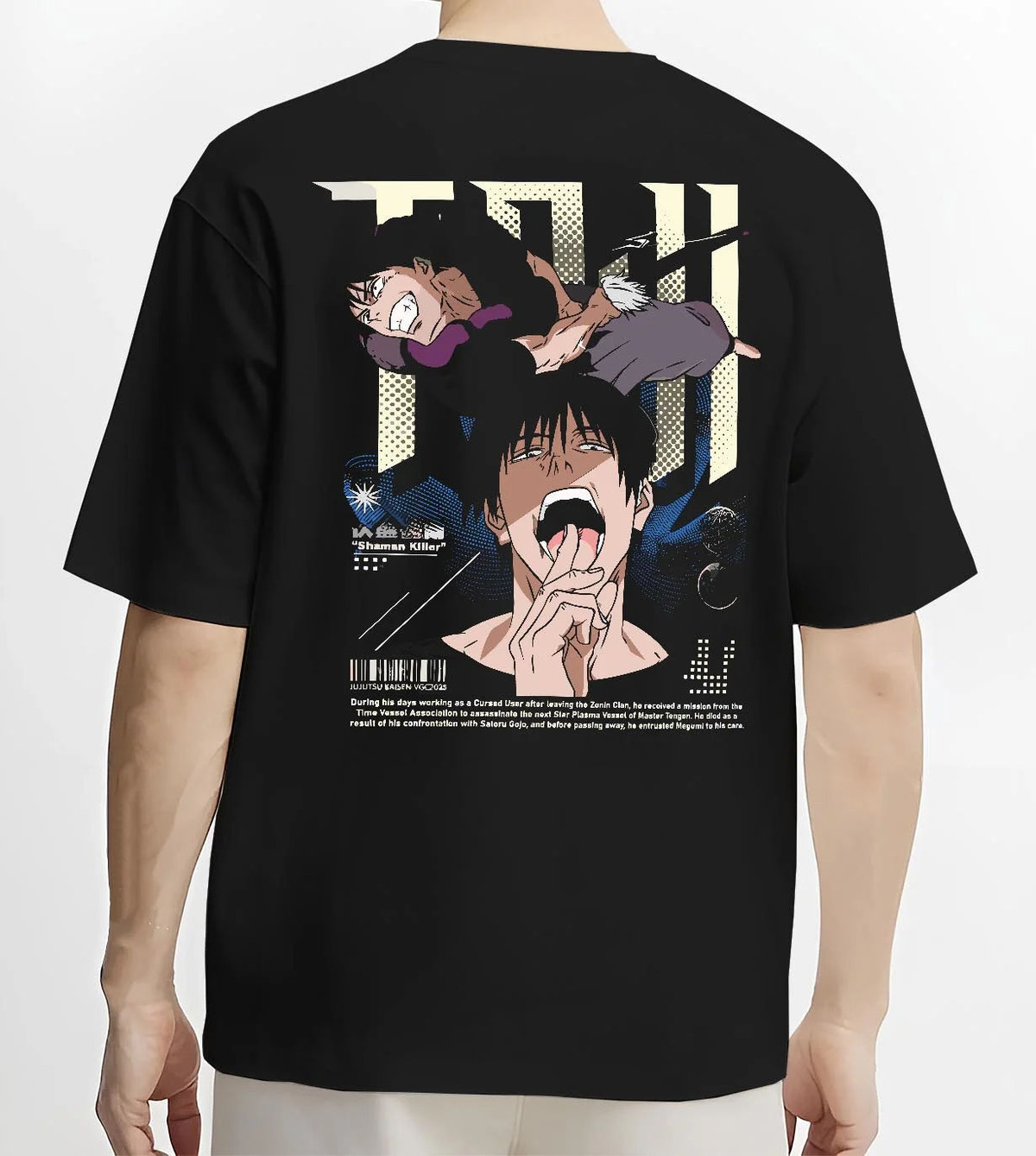 Black T-shirt worn by male model from the back featuring Toji Fushiguro black outfit battle Jujutsu Kaisen artwork.