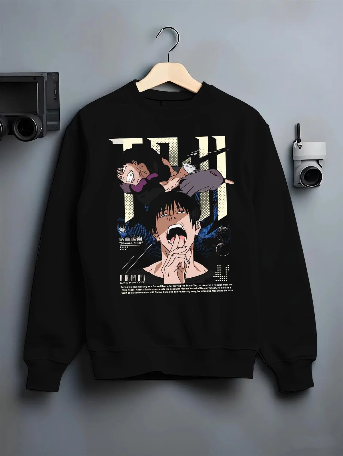 Black crewneck sweatshirt on hanger featuring Toji Fushiguro black outfit battle Jujutsu Kaisen artwork.