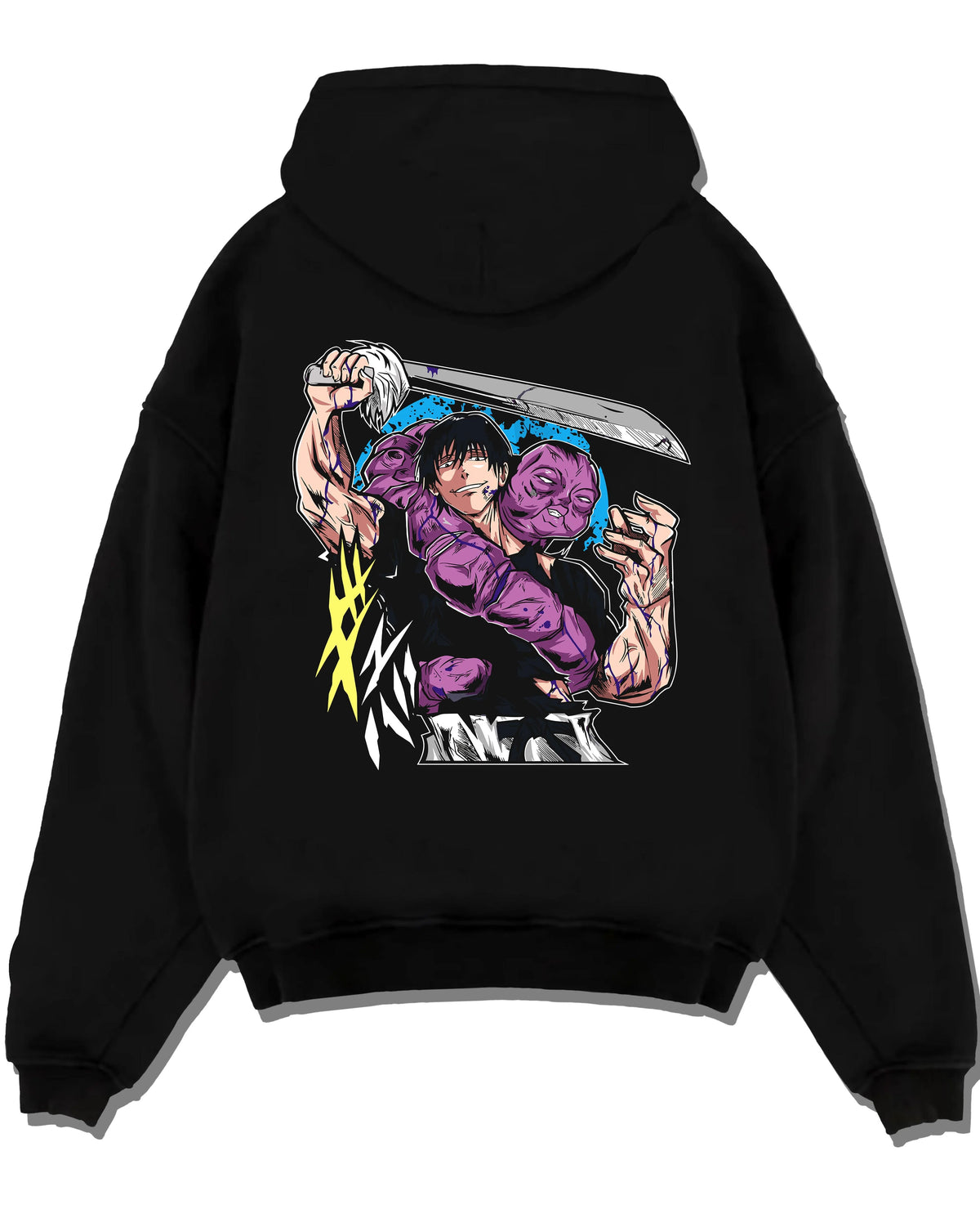 Black hoodie laid flat featuring Toji Fushiguro blue blade battle Jujutsu Kaisen artwork.