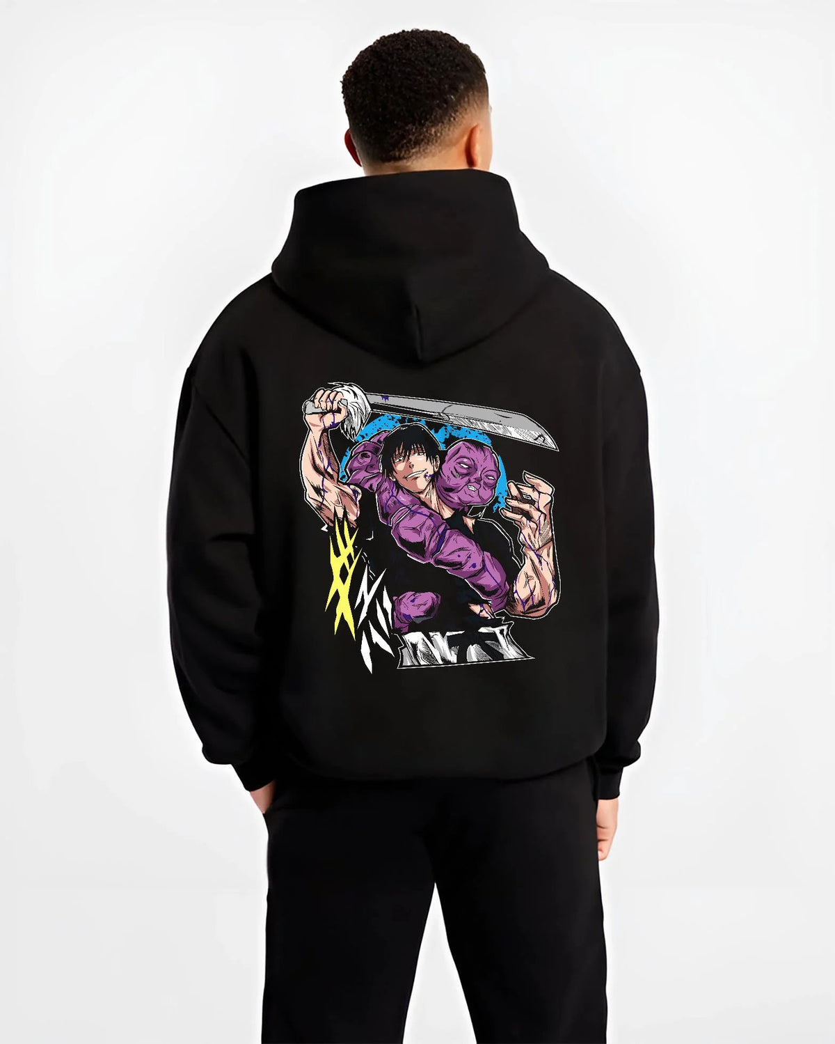 Black hoodie worn by male model from the back featuring Toji Fushiguro blue blade battle Jujutsu Kaisen artwork.