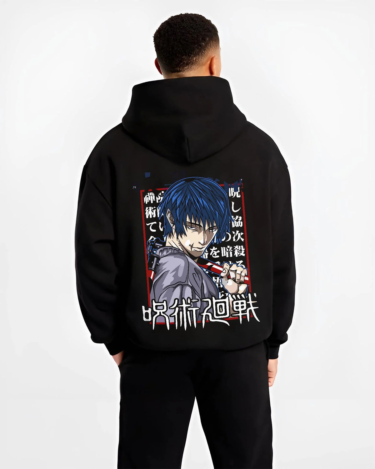 Black hoodie worn by male model from the back featuring Toji Fushiguro chain weapon battle Jujutsu Kaisen artwork.