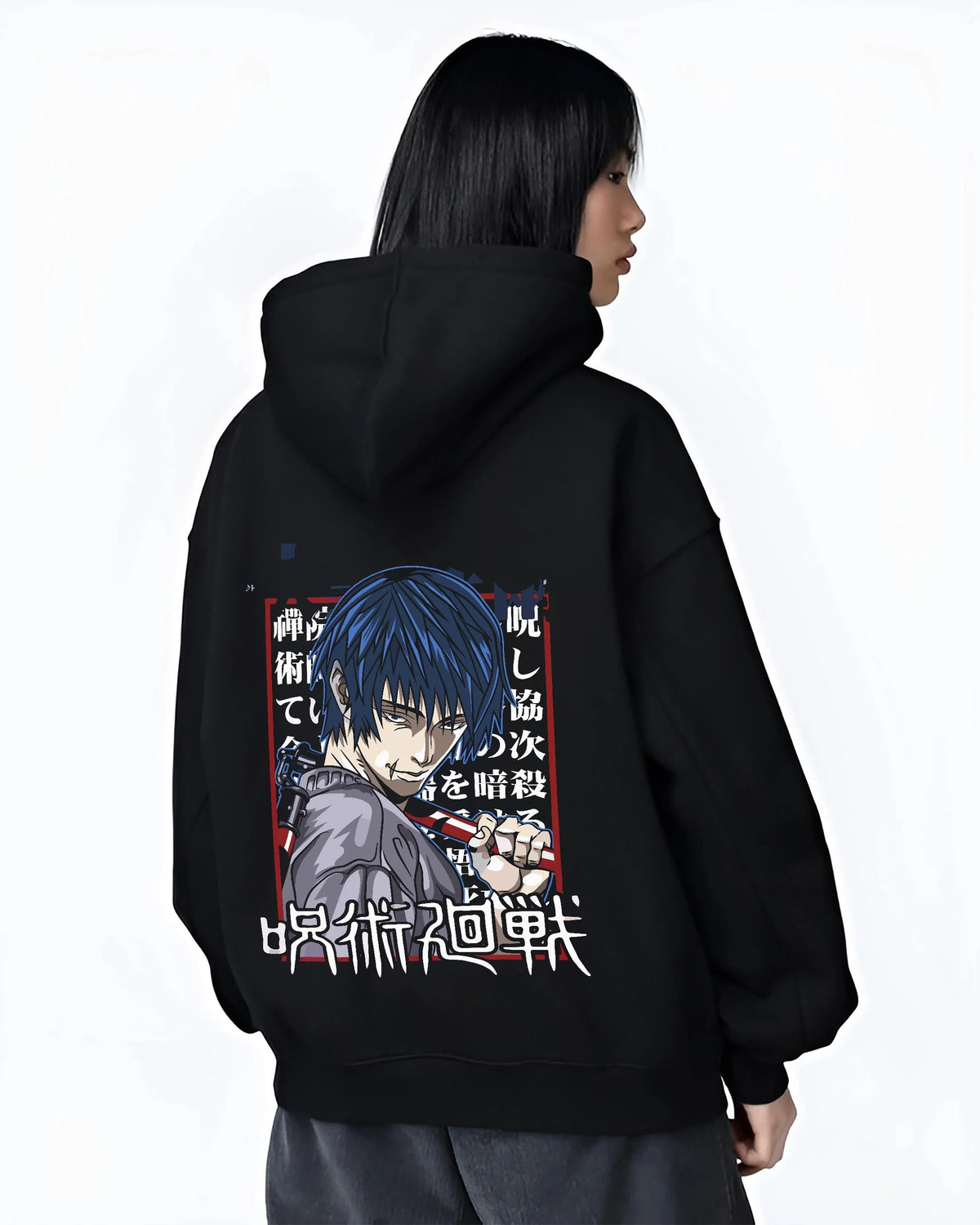 Black hoodie worn by female model from the back featuring Toji Fushiguro chain weapon battle Jujutsu Kaisen artwork.