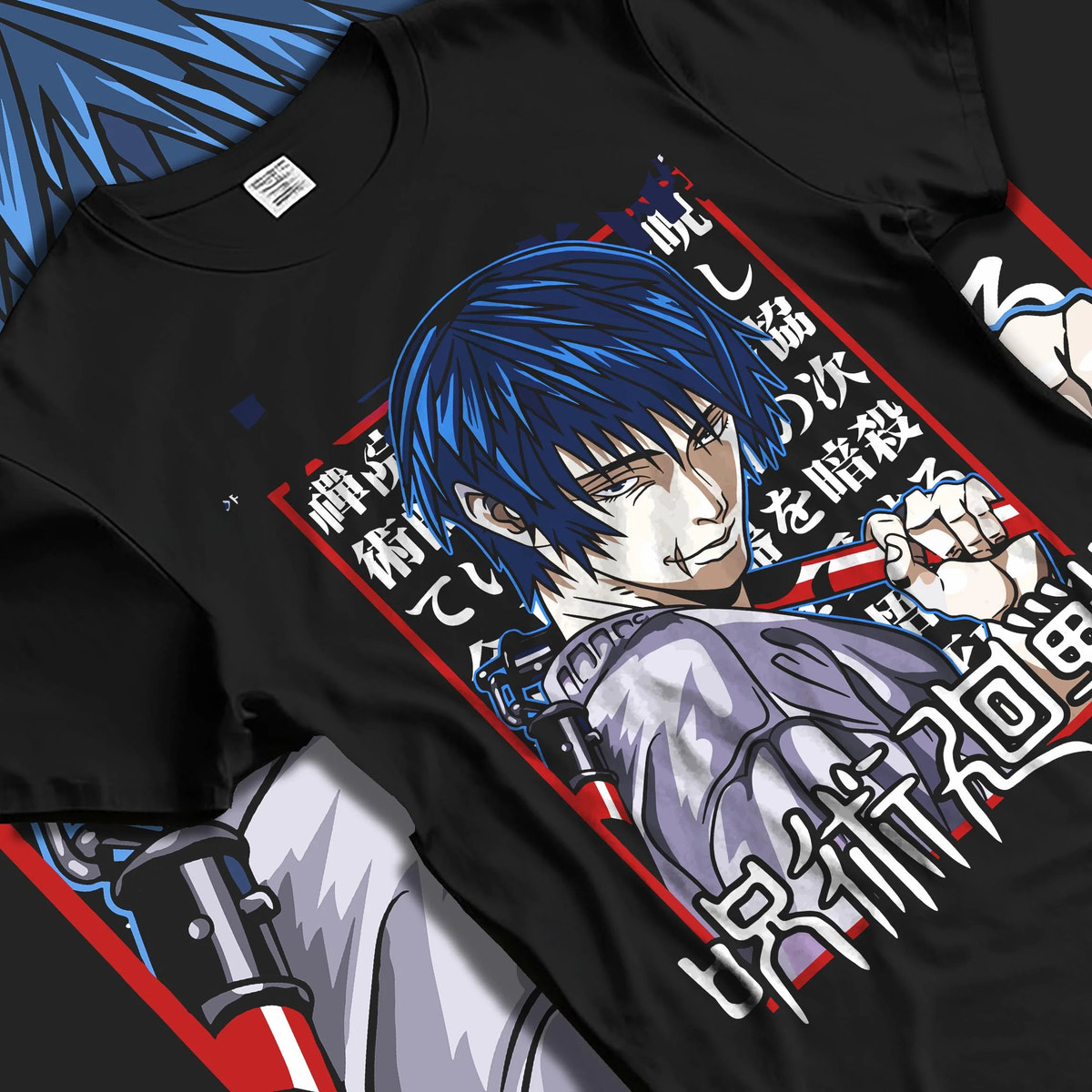 Black T-shirt laid flat with natural folds featuring Toji Fushiguro chain weapon battle Jujutsu Kaisen artwork.
