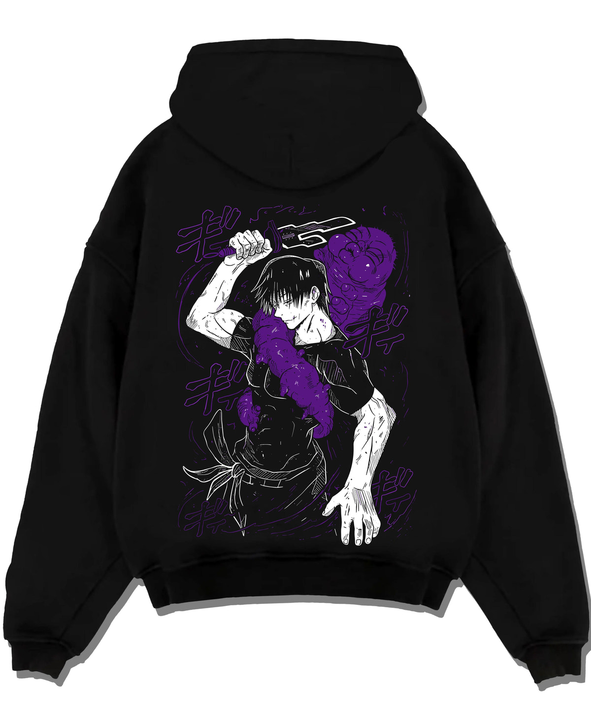 Black hoodie laid flat featuring Toji Fushiguro Zenin Clan power Jujutsu Kaisen artwork.