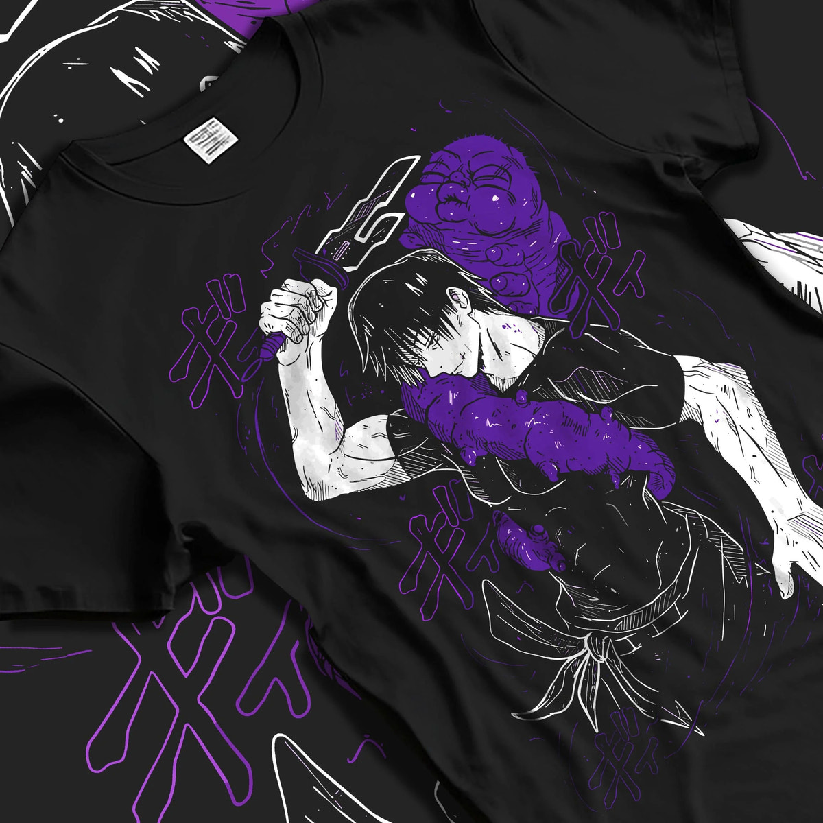 Black T-shirt laid flat with natural folds featuring Toji Fushiguro Zenin Clan power Jujutsu Kaisen artwork.
