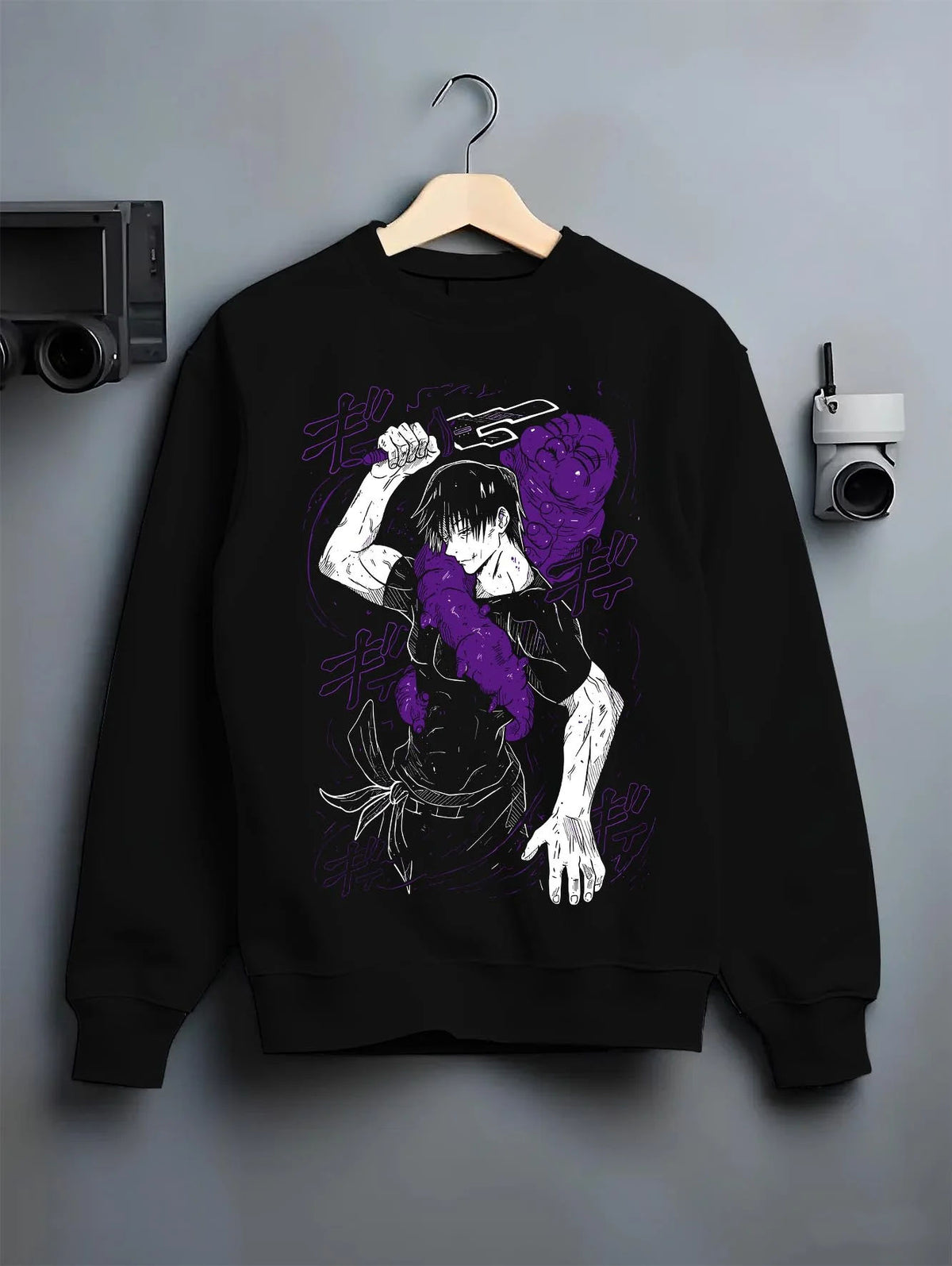 Black crewneck sweatshirt on hanger featuring Toji Fushiguro Zenin Clan power Jujutsu Kaisen artwork.
