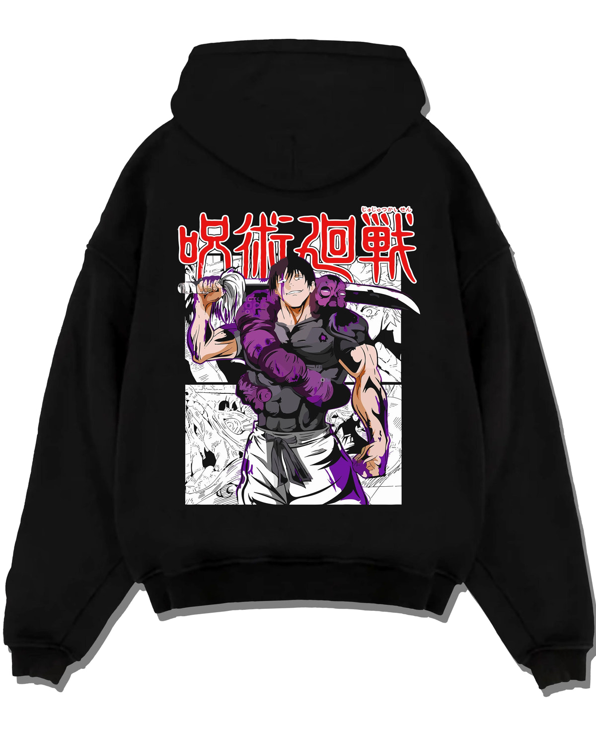 Black hoodie laid flat featuring Toji Fushiguro Heavenly Restriction Jujutsu Kaisen artwork.
