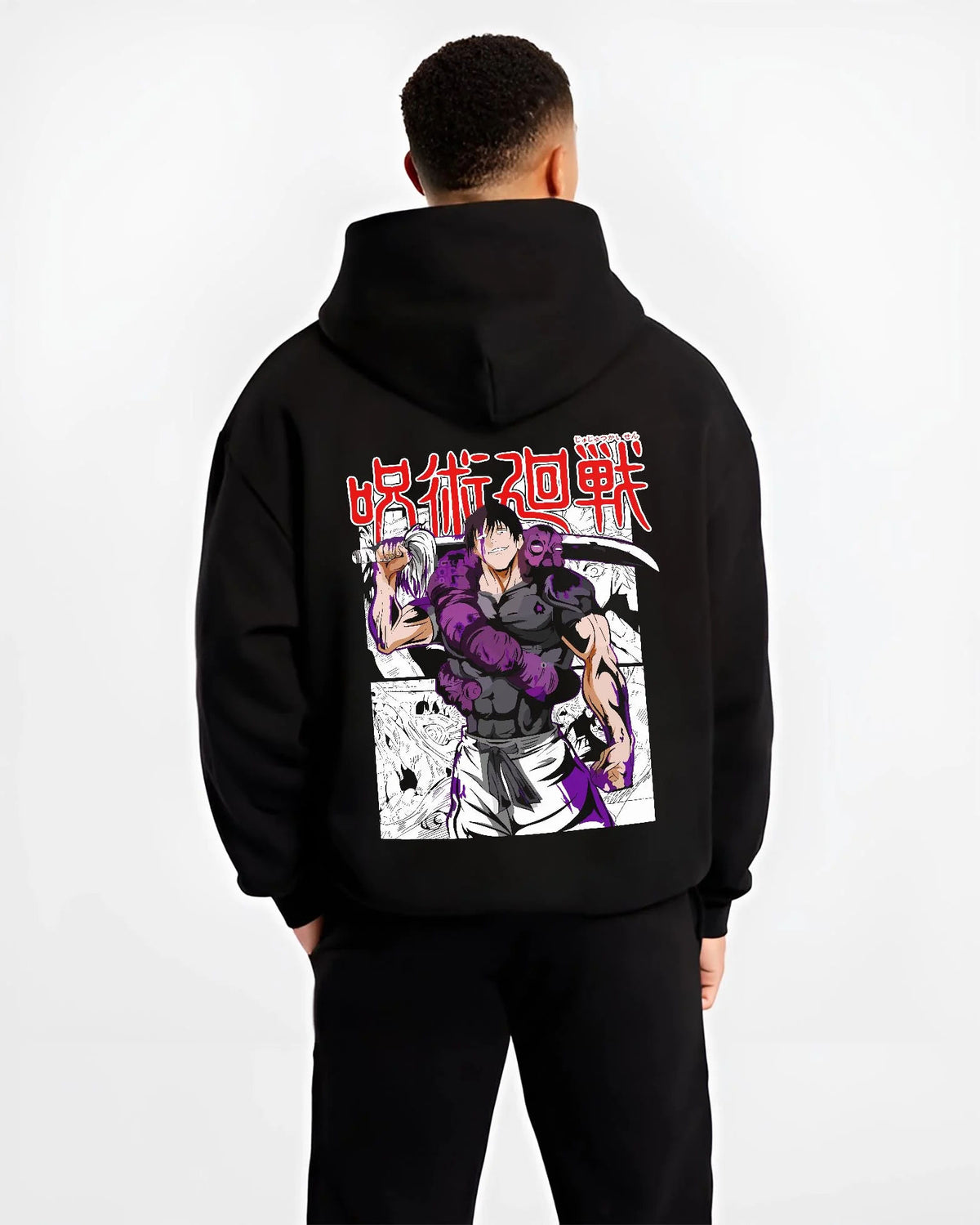 Black hoodie worn by male model from the back featuring Toji Fushiguro Heavenly Restriction Jujutsu Kaisen artwork.