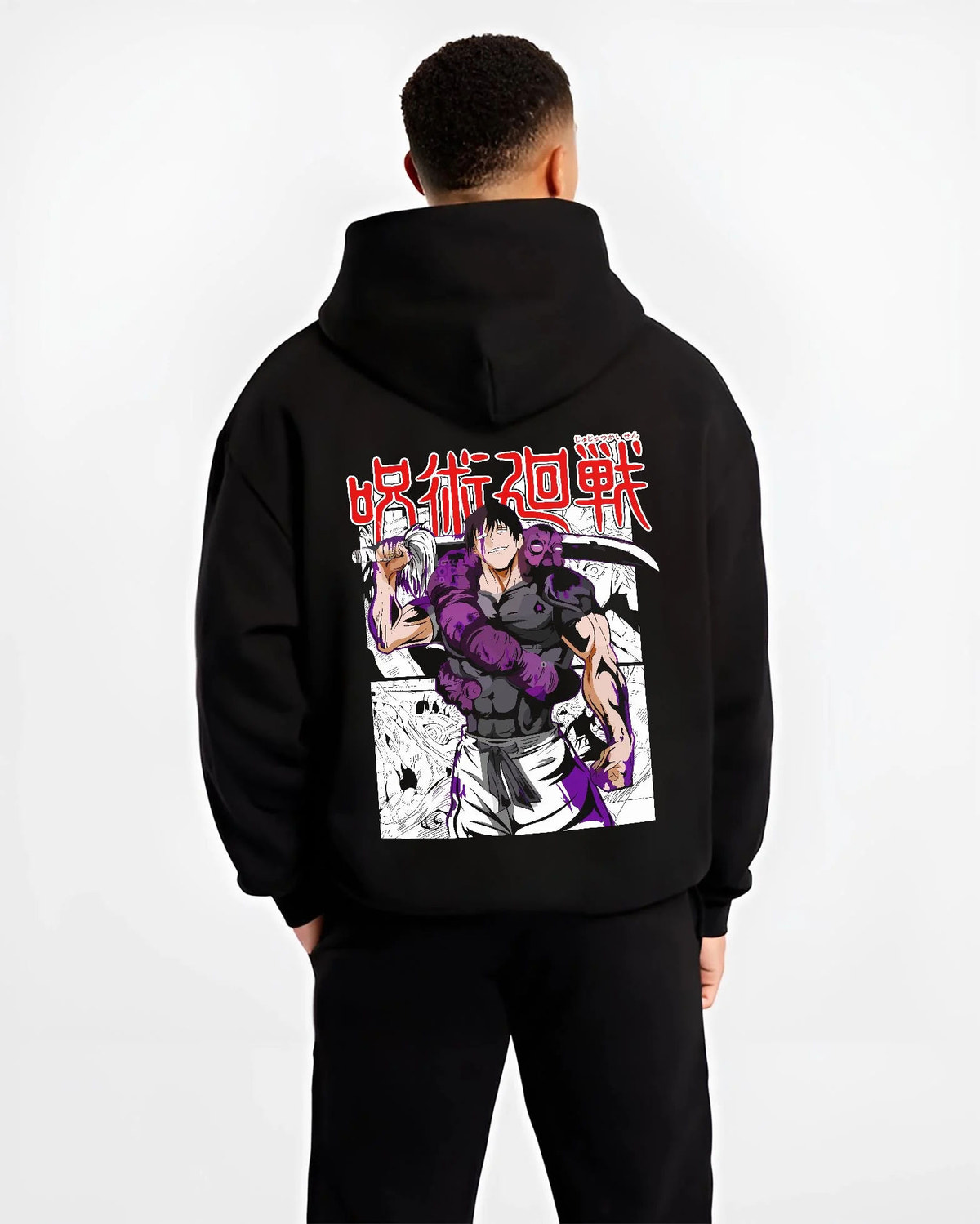 Black hoodie worn by male model from the back featuring Toji Fushiguro Heavenly Restriction Jujutsu Kaisen artwork.