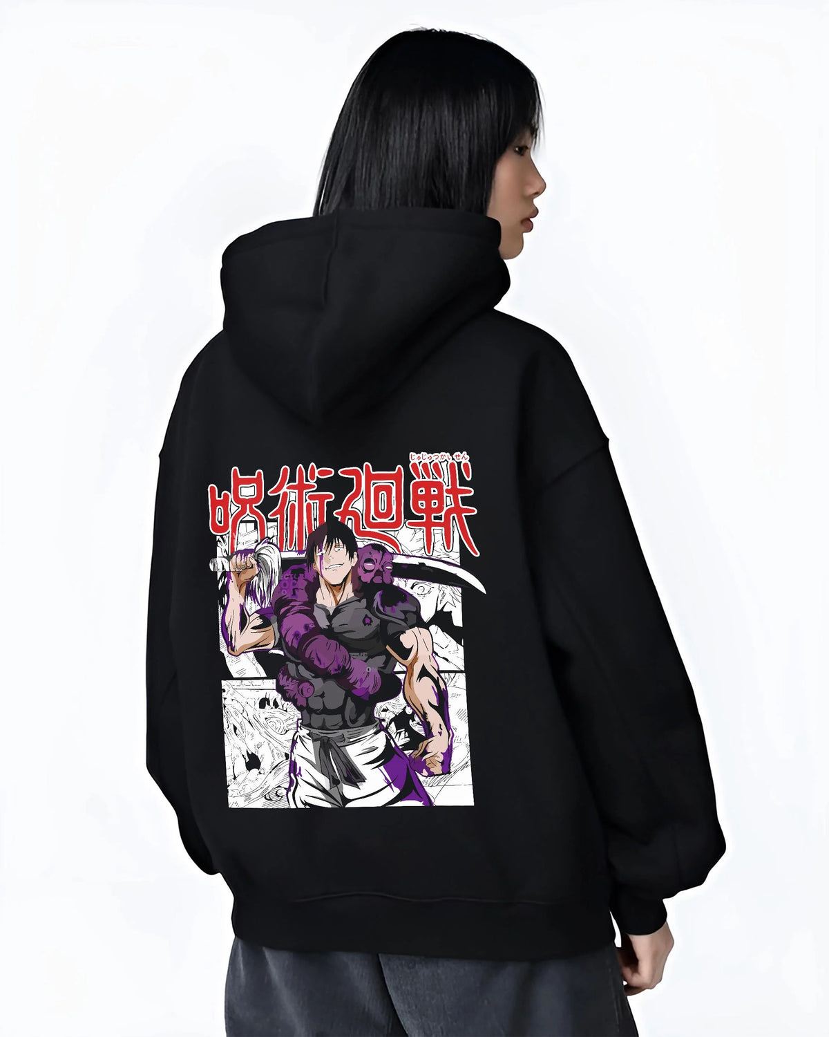 Black hoodie worn by female model from the back featuring Toji Fushiguro Heavenly Restriction Jujutsu Kaisen artwork.